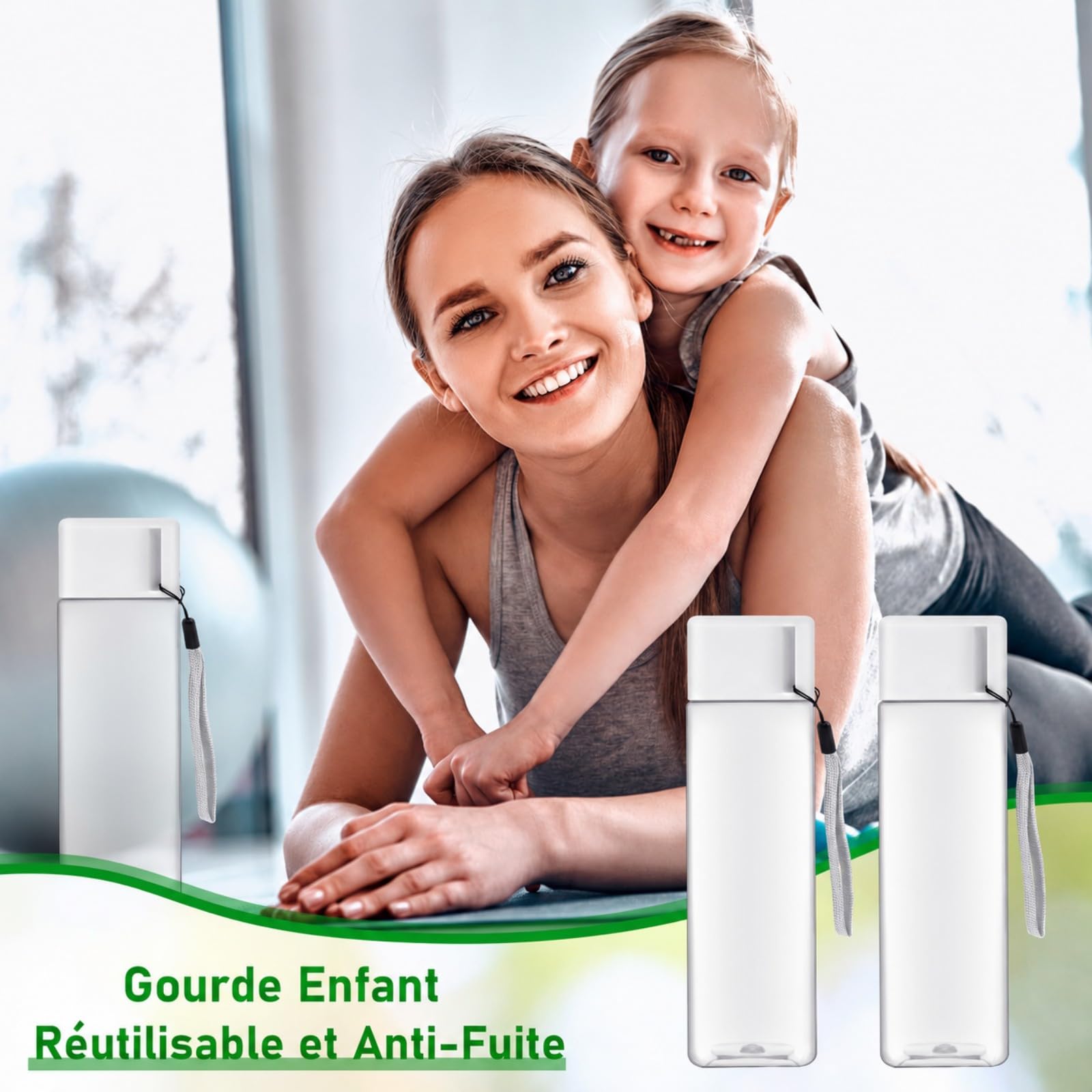 Lot de 20 Gourdes d'Eau Transparentes 500ml - Bouteille Plastique Sans BPA - Design Carré Unique, Étanches et Réutilisables - Idéal pour École, Sport, Gym, Bureau et Voyage - Bouchon Blanc Épuré