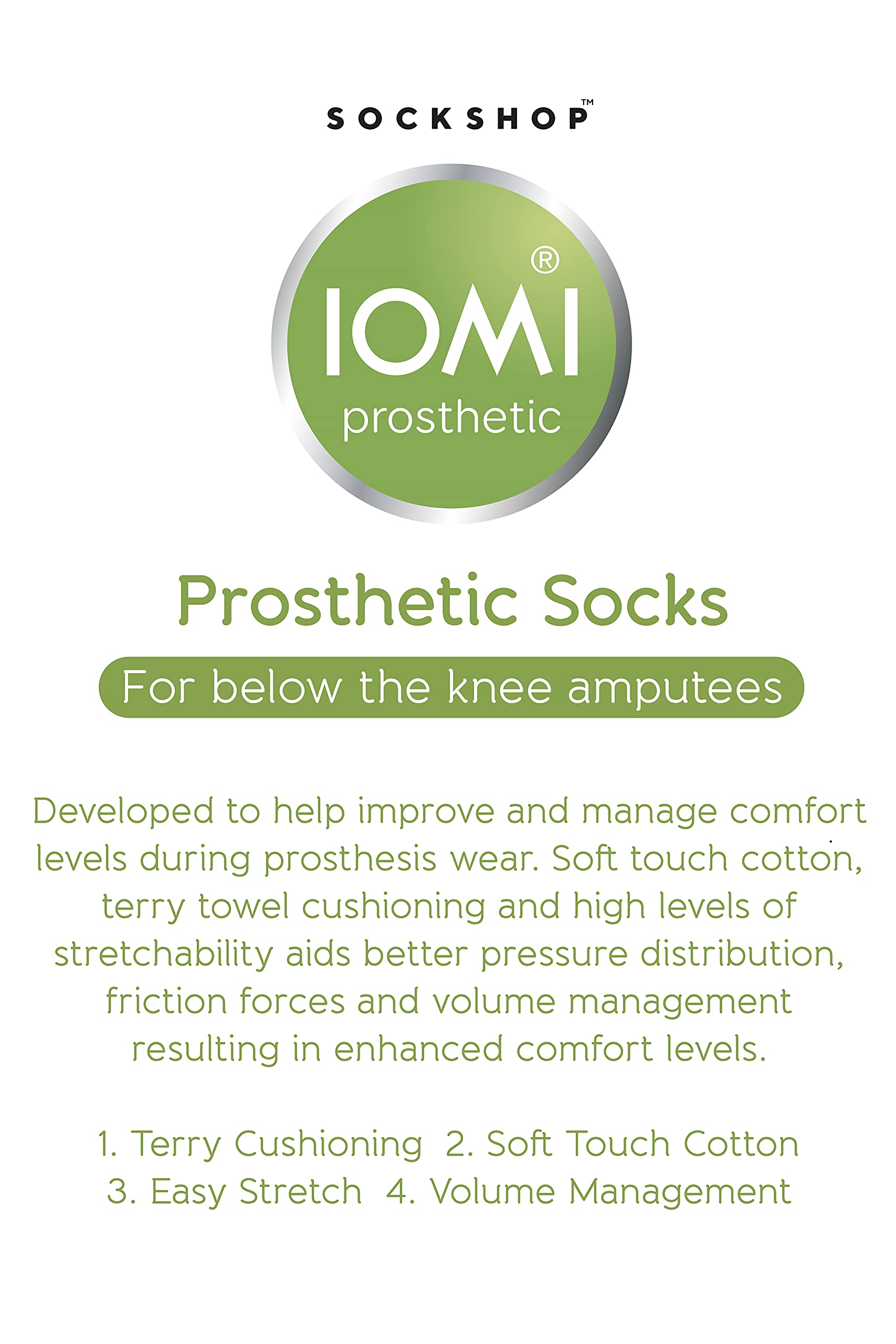 IOMI SOCKSHOP męskie i damskie bawełniane skarpety protetyczne, jednokolorowe, białe, do amputacji poniżej kolana, lekko elastyczne, łatwe rozciąganie, dla wygody, różne rozmiary, 6 szt