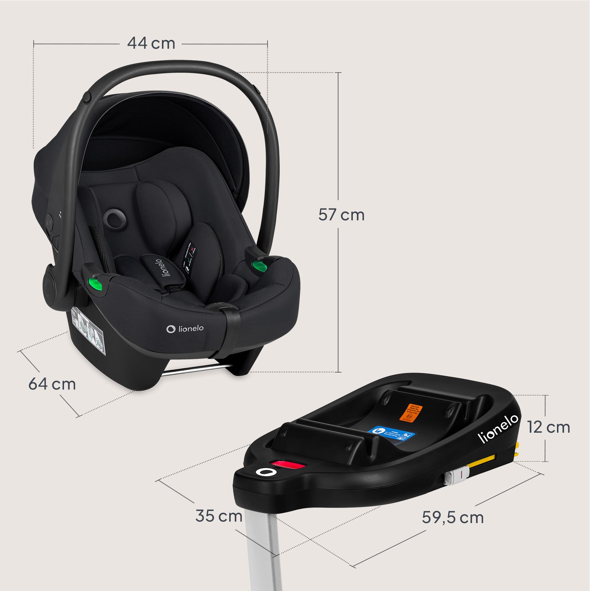 Lionelo Astrid i-Size zestaw fotelika samochodowego 40-87 cm z podstawą ISOFIX i podpórką, R129 i-Size nosidełko dla niemowląt 0+, ADAC 5 Safety, skierowany tyłem do kierunku jazdy, kompatybilny z