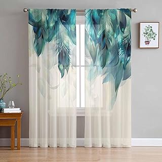 Turquoise Peacock Feather Sheer Curtains 84 Inches Long, Teal Beige Light Filtering Window Curtains for Living Room/Bedroom, Watercolor Rod Pocket Voile Sheer Curtain Drapes, 52