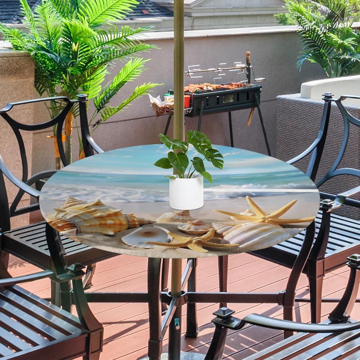 Tablerazzi Beach Round Outdoor Tablecloth with Umbrella Hole and Zipper Starfish Seashell Fitted Tablecloth Wipeable Table Cloth for Picnic Garden, 36''-44''