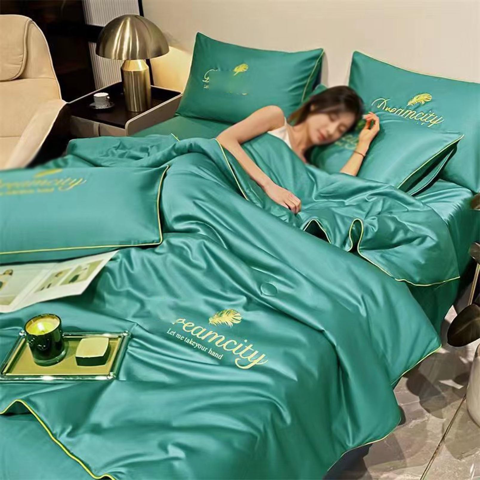 CSYBYW Summer Simple Ice Silk Quilt,Comfortable Cool Washable Air Conditioning Blanket,Lightweight Breathable Quilt 4-Piece Set,for All Ages and Skin Types(Green,150 * 200cm-quit)