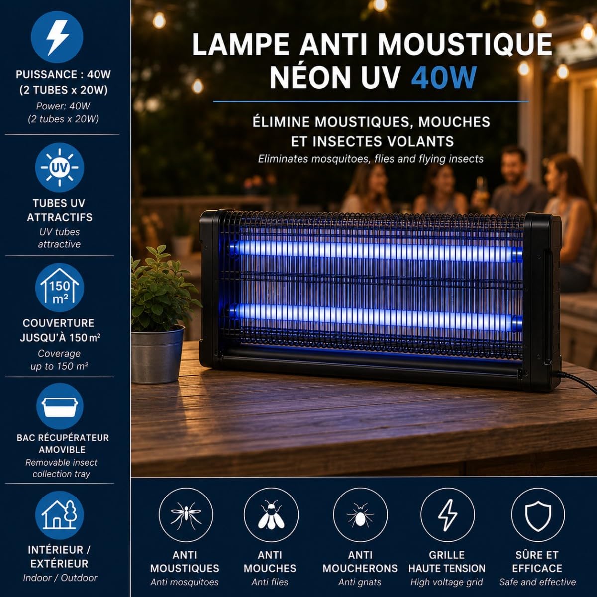 Intec – Lámpara antimosquitos de neón UV 40 W para interior/exterior – Trampa para insectos, color negro, 150 m², rejilla de alta tensión elimina moscas, mosquitos y insectos voladores