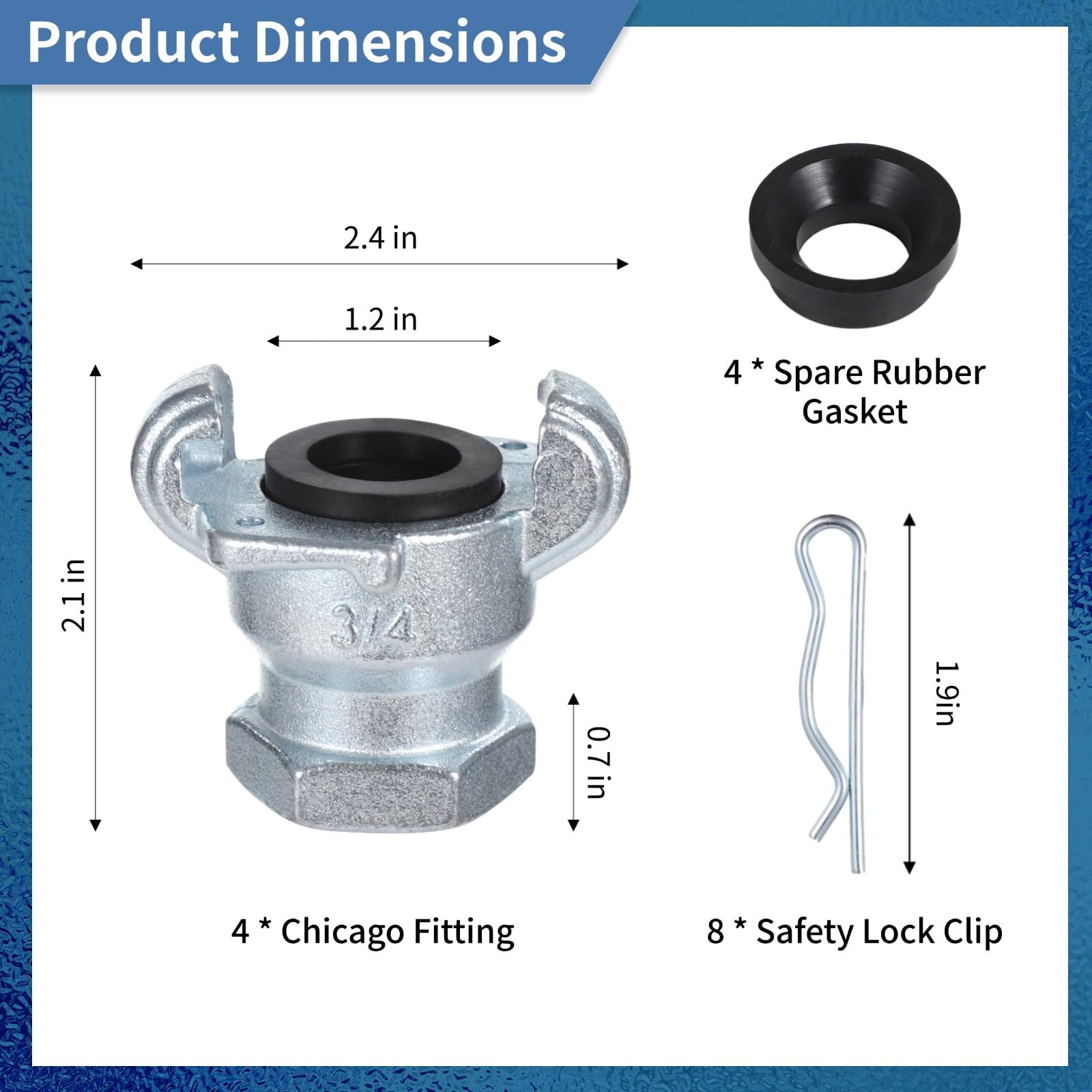 4er-Set NPT-Luftschlauchkupplungen aus Kohlenstoffstahl, 3/4 Zoll Innengewinde Chicago-Anschluss, universelle Schlauchverbinder mit Sicherungsklammern und Ersatzdichtungen bis 150 PSI