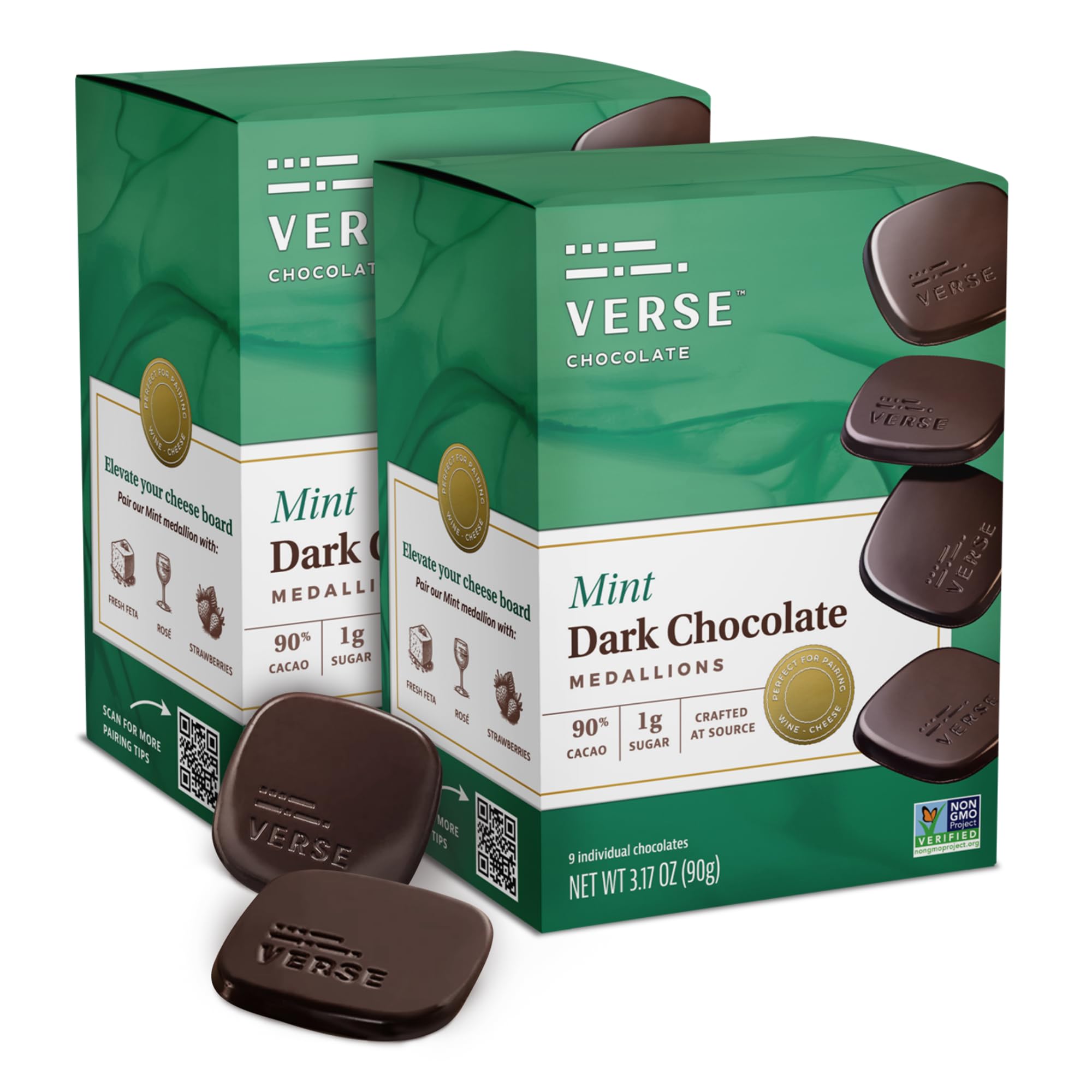 Verse 90% Dark Chocolate Mint Squares - Only 1g Cane Sugar - Creamy Dark Cocoa - Individually Wrapped Cacao Chocolate Squares (9 Count, 2 Pack)