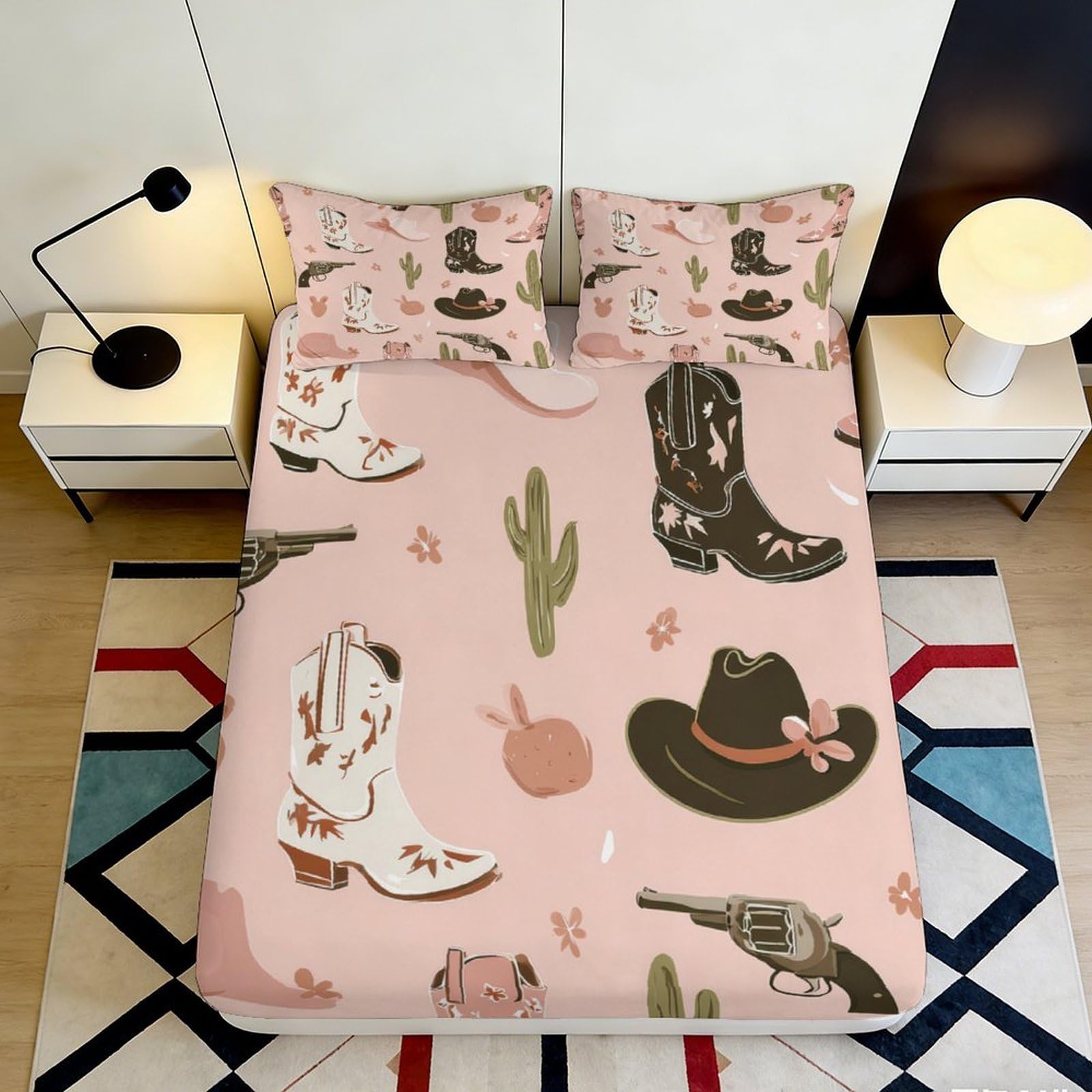 Dhbaneiok Style-5 3D Printed Western Cowboy Fitted Sheet Microfiber Soft Pink Cactus Bed Cover For Bedroom Guest Room Decor Protection 90X200x25cm