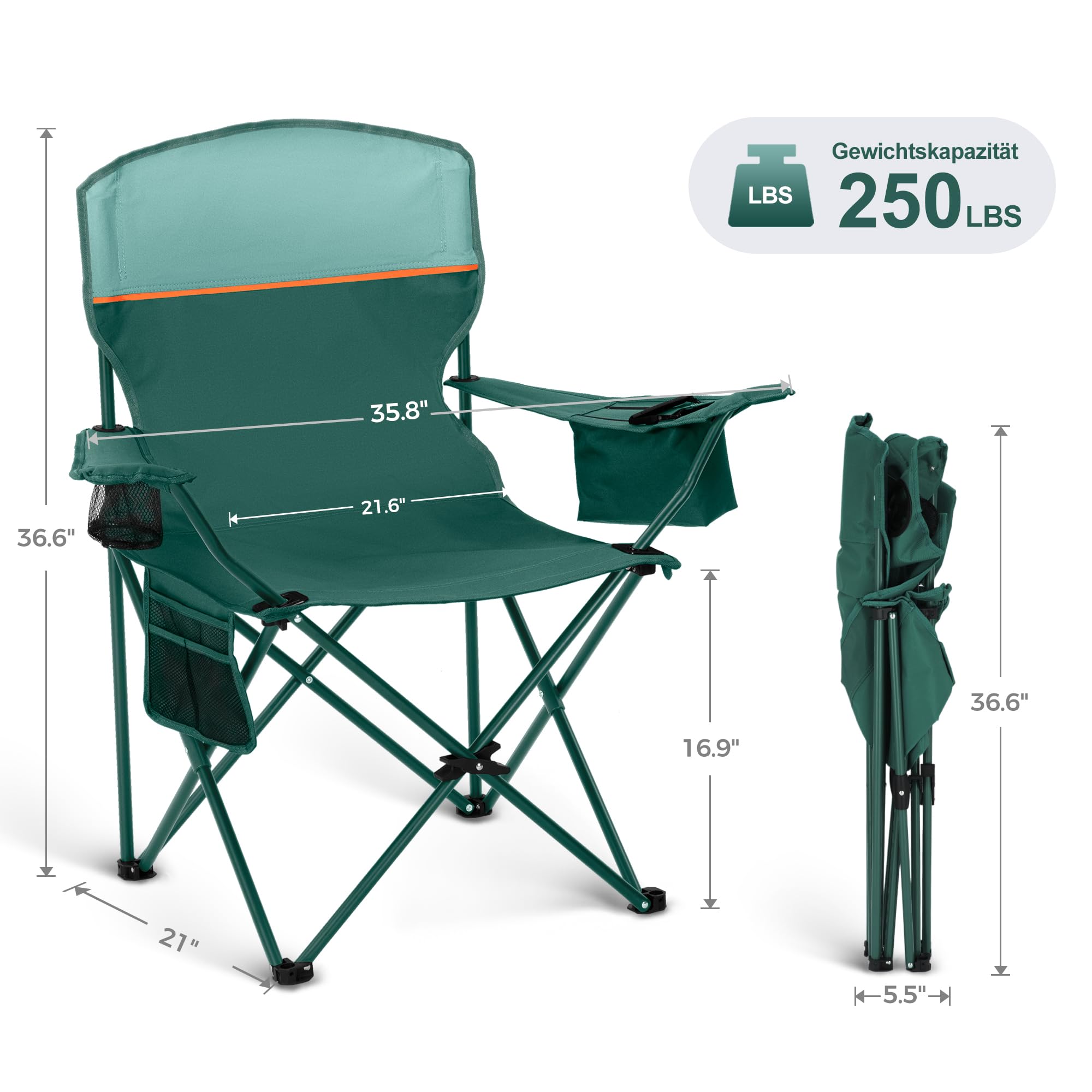 LET'S CAMP Juego de 2 sillas plegables de camping con soporte para bebidas, silla plegable con reposabrazos, color verde