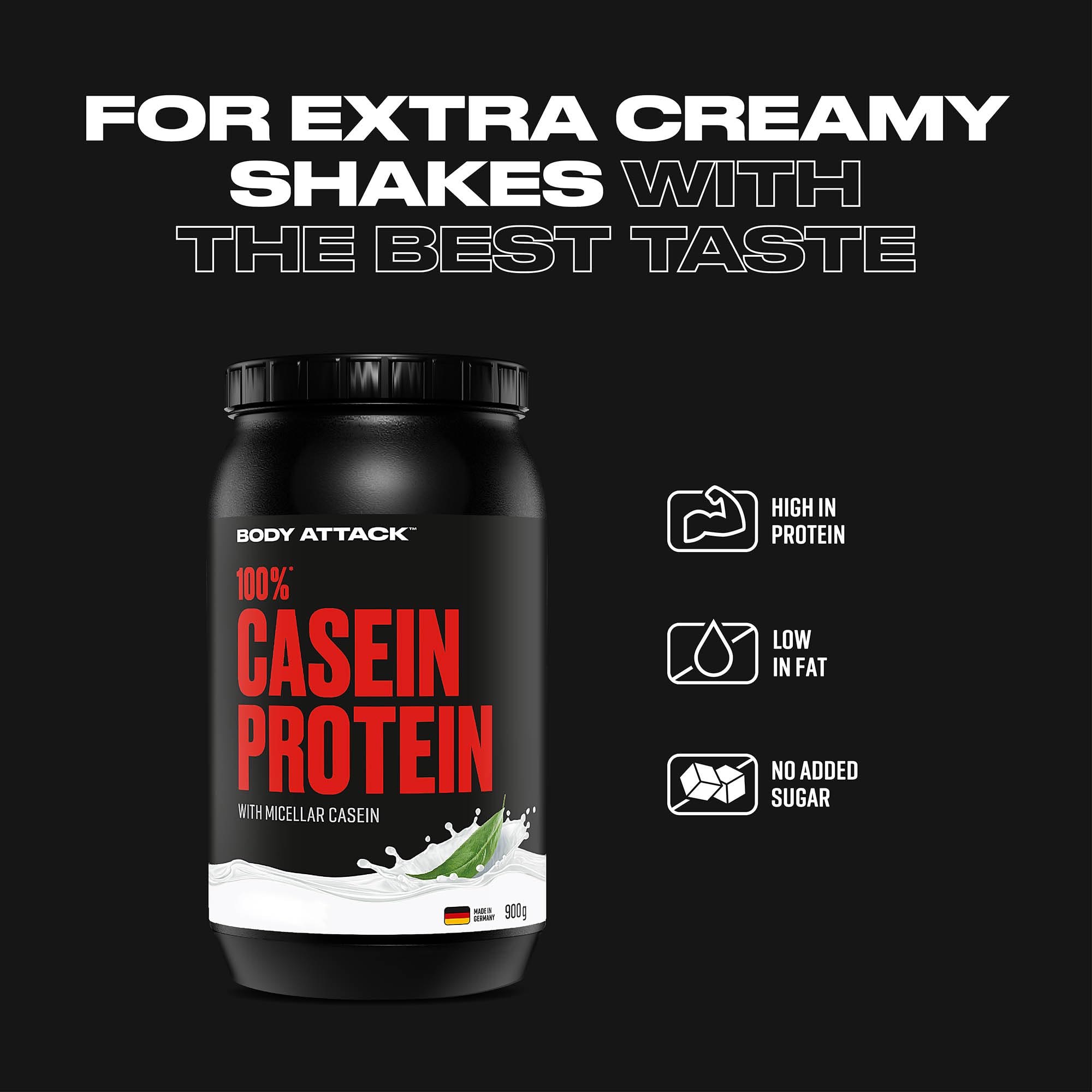 Body Attack 100% Caseine Proteine, Acides aminés-Proteines musculation, Low Carb - Prise de masse -Pour sportifs, athlètes et les personnes soucieuses de leur silhouette-900g protein powder- fraise