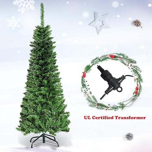 Miniatura 6 de GOFLAME Árbol de Navidad preiluminado, árbol de Navidad artificial delgado con 150 luces LED y soporte de metal sólido, árbol de decoración de