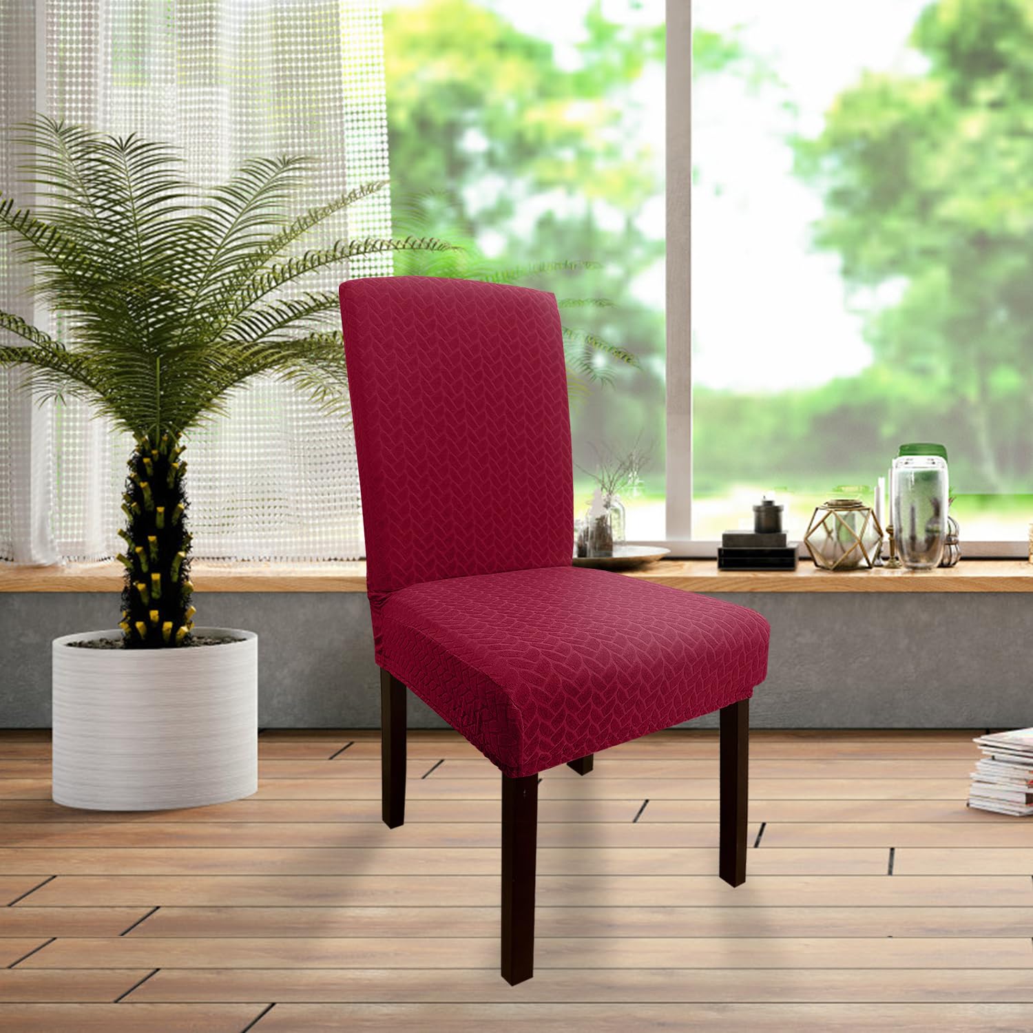 Coprisedie Jacquard Set 6 - Elastici Rosso Vinaccia Per Tutte Le Sedie