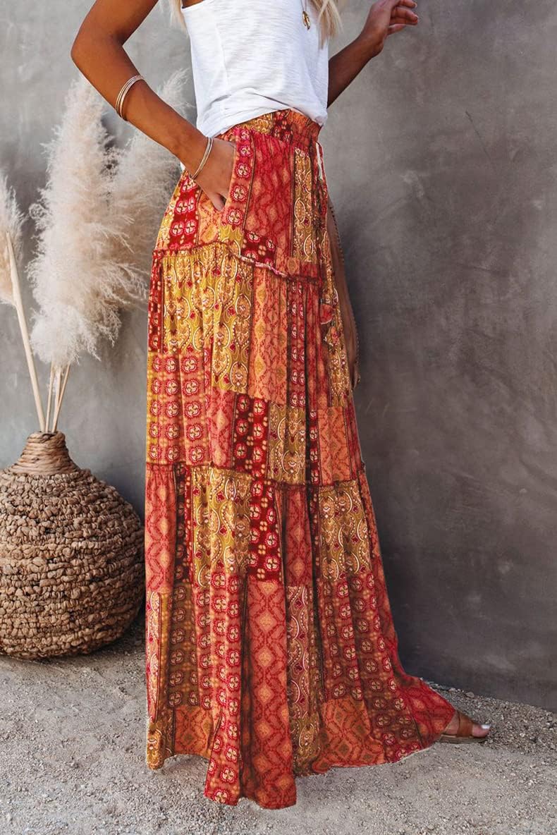 Spevert Women's Boho Midi Skirt Hight Waist Tied Floral Printed Maxi Skirt for Women Summer Beach Long Skirt with Pocket - Image 3