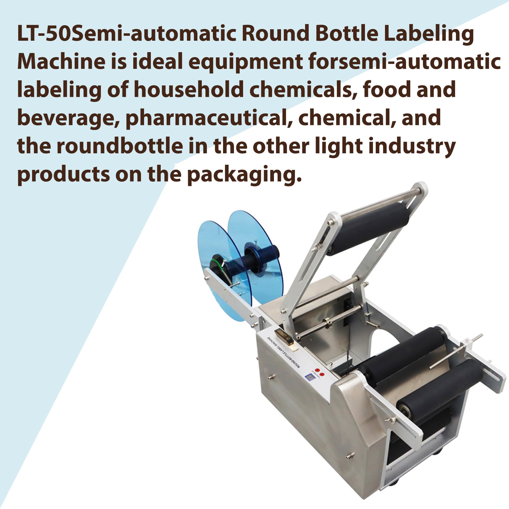 EQCOTWEA Semi-Automatic Labeling Machine Round Bottle Label Applicator Stainless Steel Label Specifications Rranging from 2.5 to 30cm 110V 50W LT-50 Series