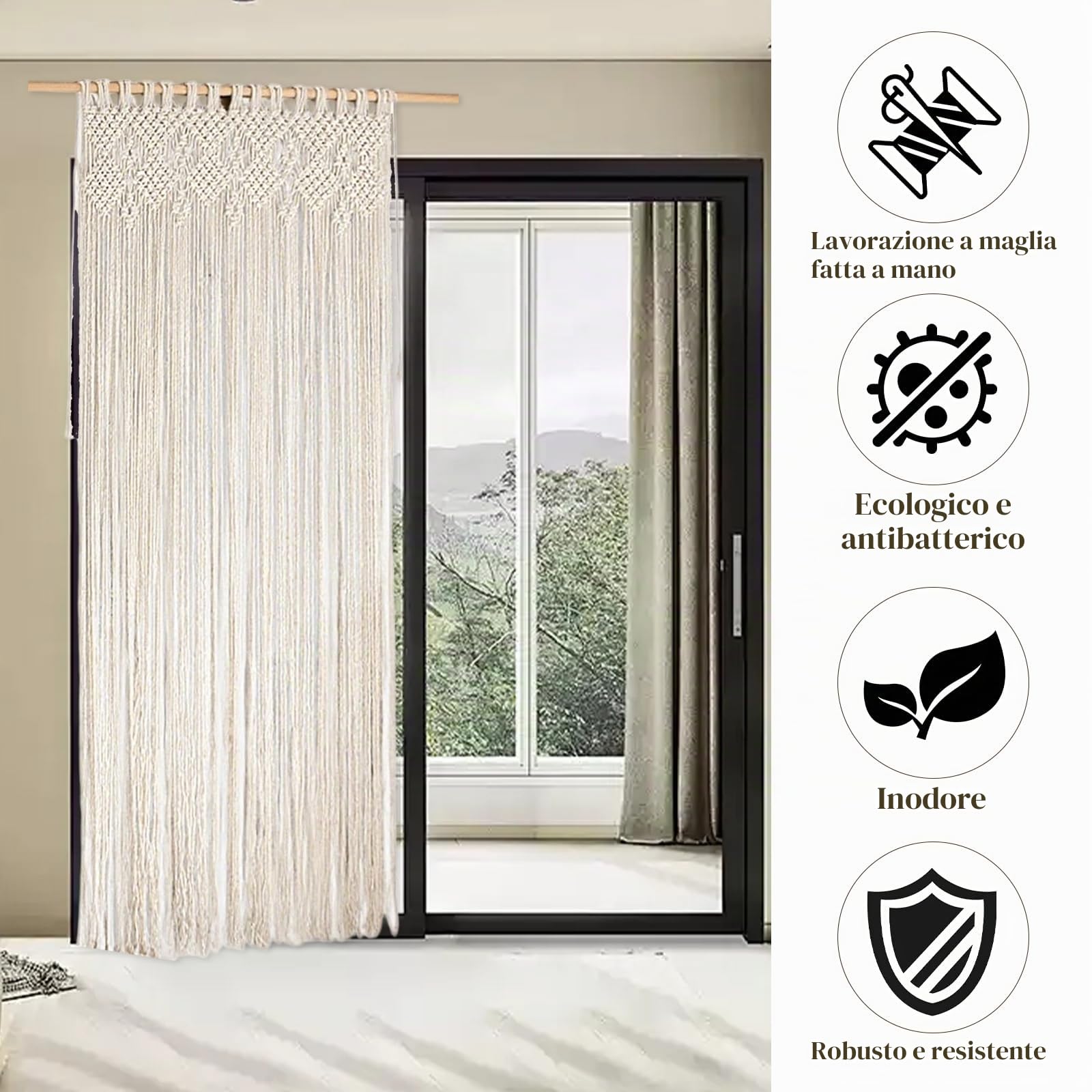 OUGPIU Tenda in Macramè Bohémien 80x200cm Tenda per Porte Boho Fatta a Mano in Cotone,Tende per Finestre Decorazioni per Matrimonio Soggiorno Parete,Divisori per Stanze