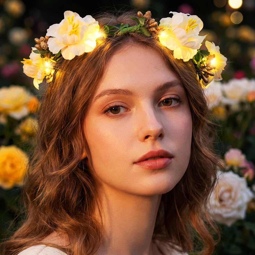 Zoestar Corona natalizia con fiori e fascia per capelli con luci a LED, ghirlanda per capelli con bacche rosse, accessorio per capelli da sposa e Natale, accessorio per capelli da donna (A