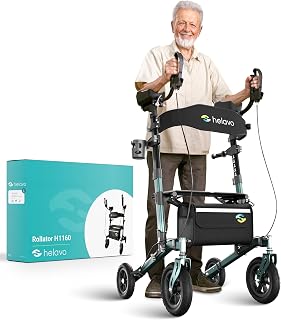 Helavo H1160 All-Terrain Upright Walker with Seat, Flat-Free Tires - Tall Stand-Up Rollator for Seniors