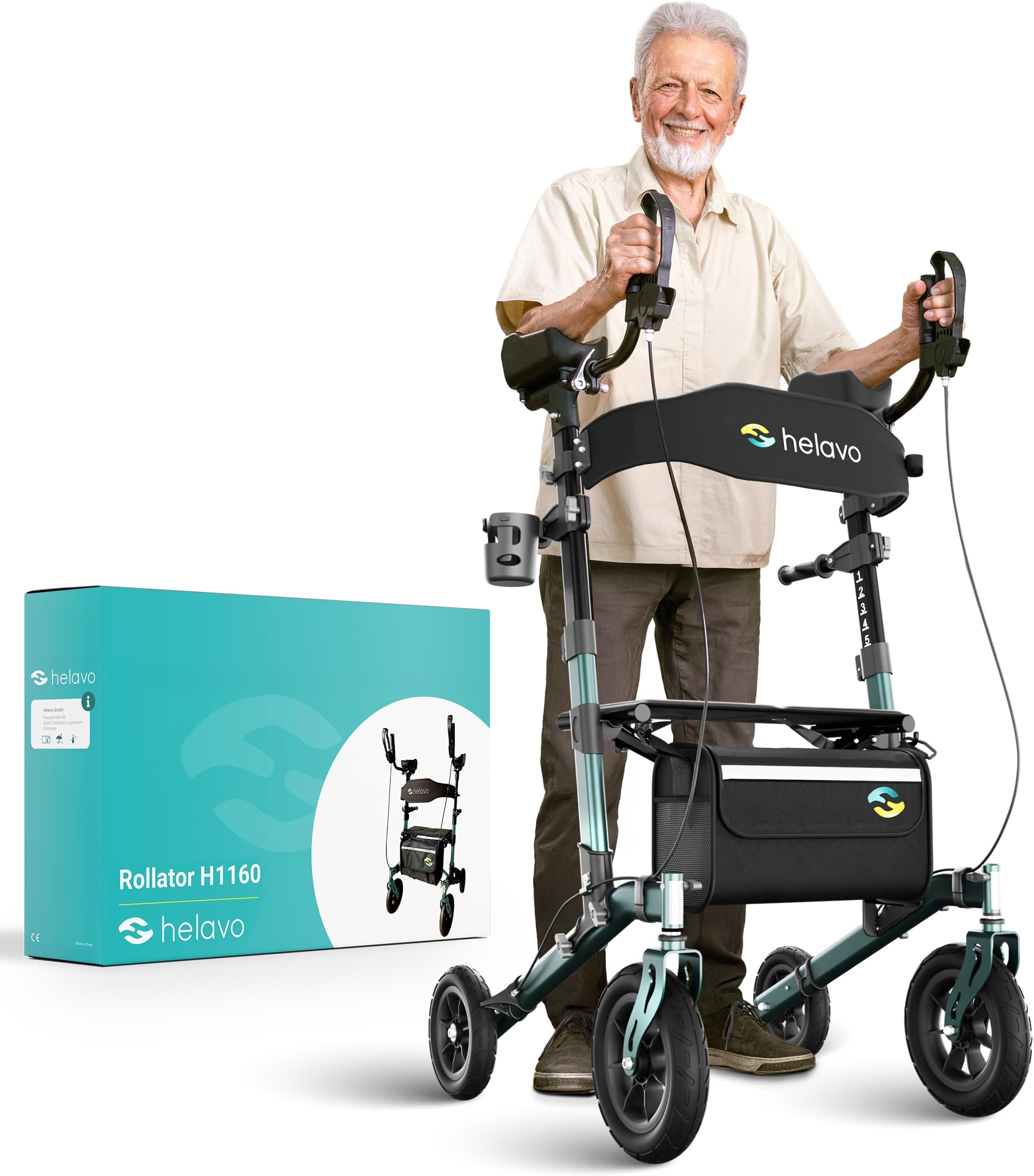 All Terrain Upright Walker with Flat-Free Solid Rubber Tires - Outdoor Stand Up Walker for Seniors - Tall Standing Rollator with Seat
