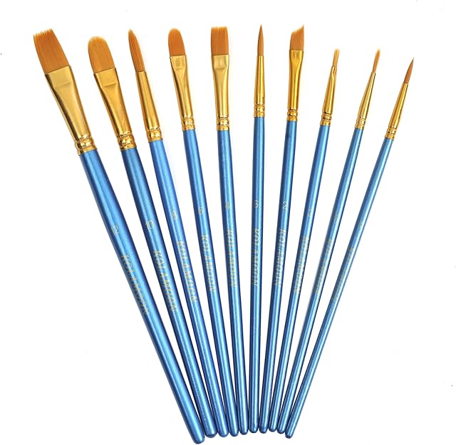 KOLAMOON 10pcs Artist Nylon Paint Brushes Set for Body, Face, Watercolor, Acrylic and Oil Painting