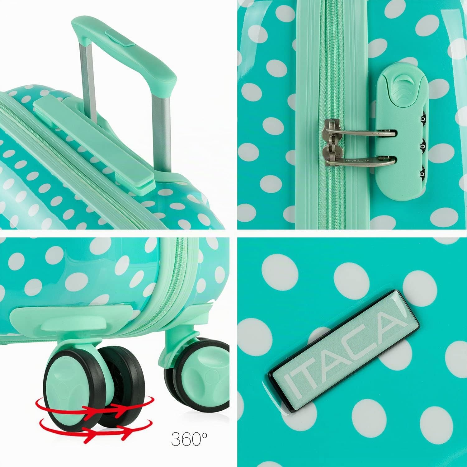 ITACA - Maleta Cabina Infantil con Ruedas Giratorias. Maleta Infantil de Viaje Ligera para Niños, Equipaje de Mano, Compatible Ryanair. Candado de Combinación, Topos Menta