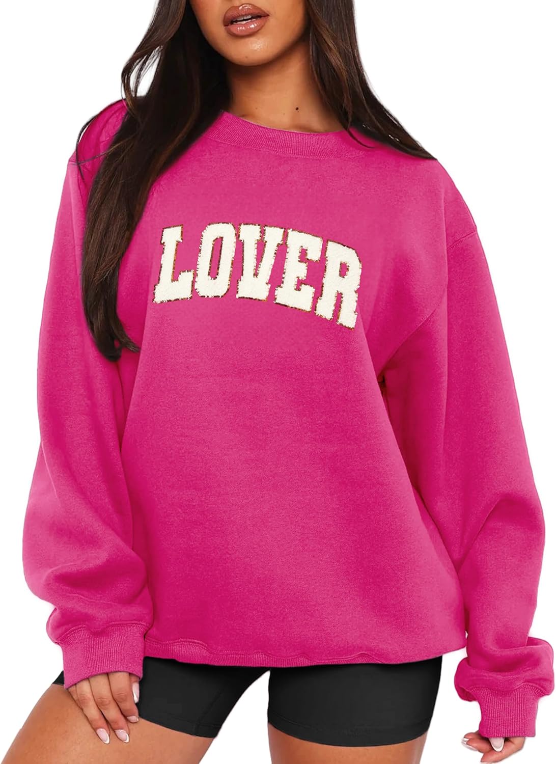 MAPICK Valentine Sweatshirts for Women Funny Letter Printed Chenille Patch Pullover Sweaters Long Sleeve Oversized Tops