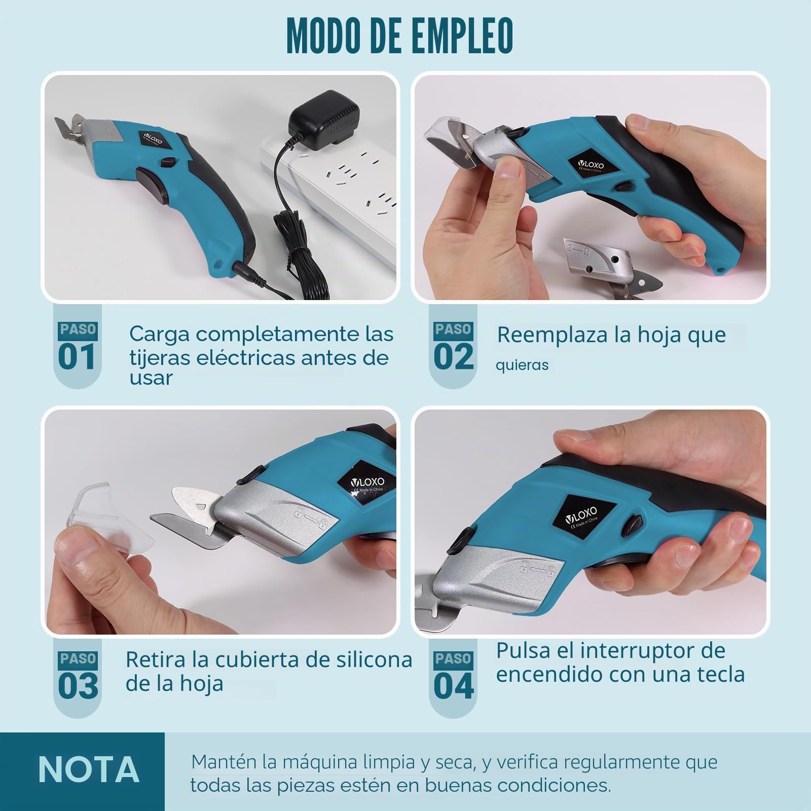VLOXO Tijera Electrica Tijeras Electricas Costura con 2 Cuchillas para Cortar Cartón Cuero Alfombra Plástico Planta en Maceta- Azul