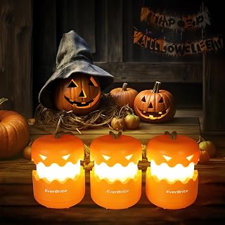 EverBrite 3 Pack Halloween Pumpkin Lantern, Collapsible Jack O Lantern Pumpkins with Lanyard, Halloween Party Favors for Kids, Light up Pumpkin Outdoor for Halloween Party Decoration, Battery Included