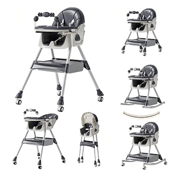 Baby High Chairs Baby High Chair with Removable Double Panels and Wheels with Comfortable Storage Toddler Dining Chair with Swing Mode and 3 Reclining Positions (560 Grey)