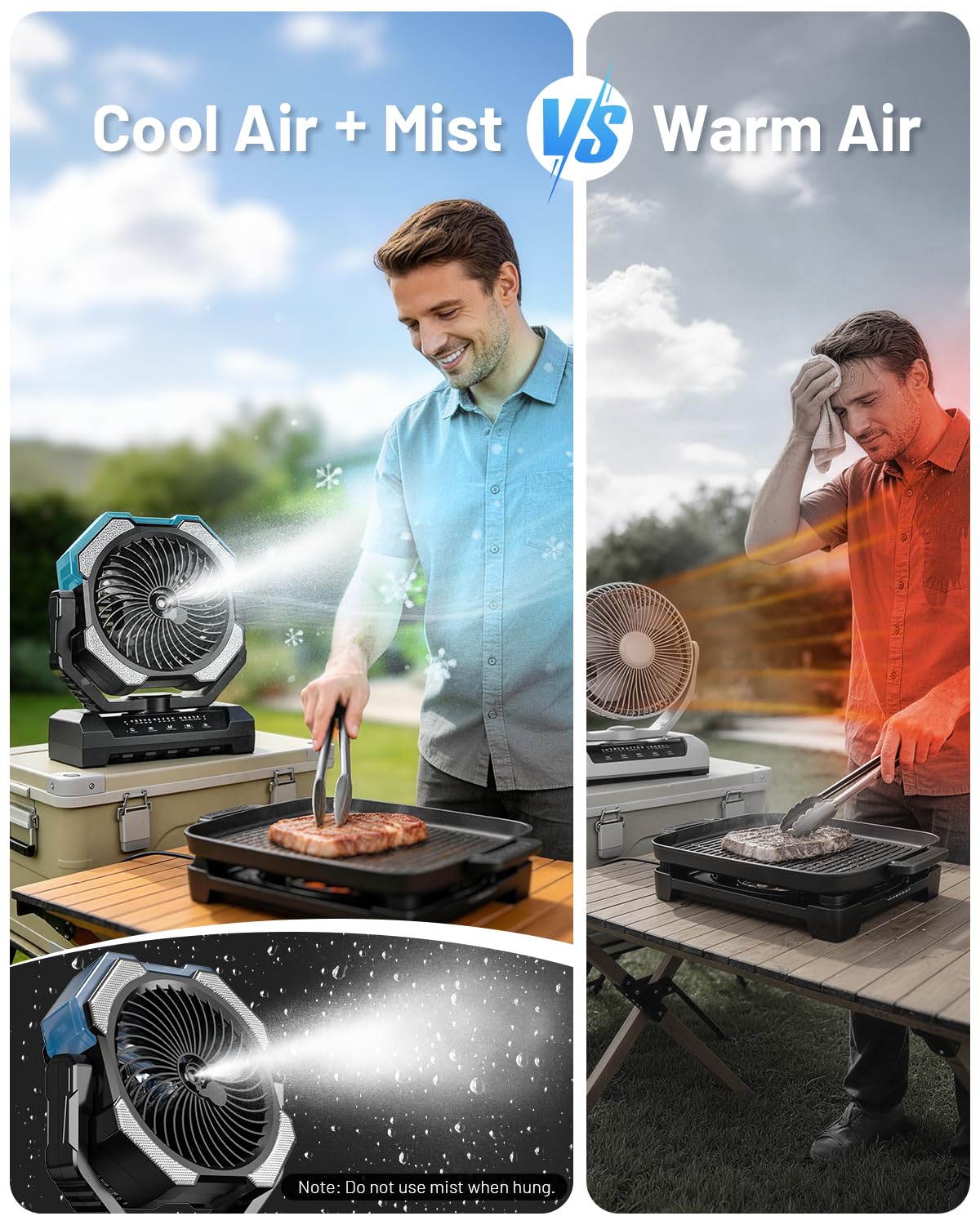 Condition photo showing New/Like New for misting fan, portable camping fans with 9oz water tank, 24000mah rechargeable fan with 4 speed, battery powered fans with 120h cooling, last 5h mist, 2 mist modes, light, outsides/summer essential