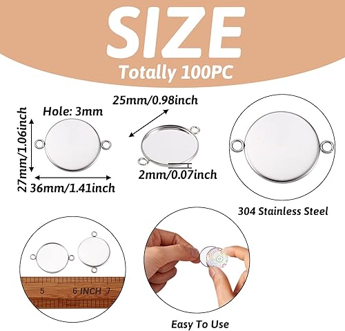 Miniatura 2 de Craftdady 100 conectores colgantes de bandeja de bisel de 0.98 pulgadas (0.984 in), color blanco cameo redondo, cabujón de acero inoxidable, doble