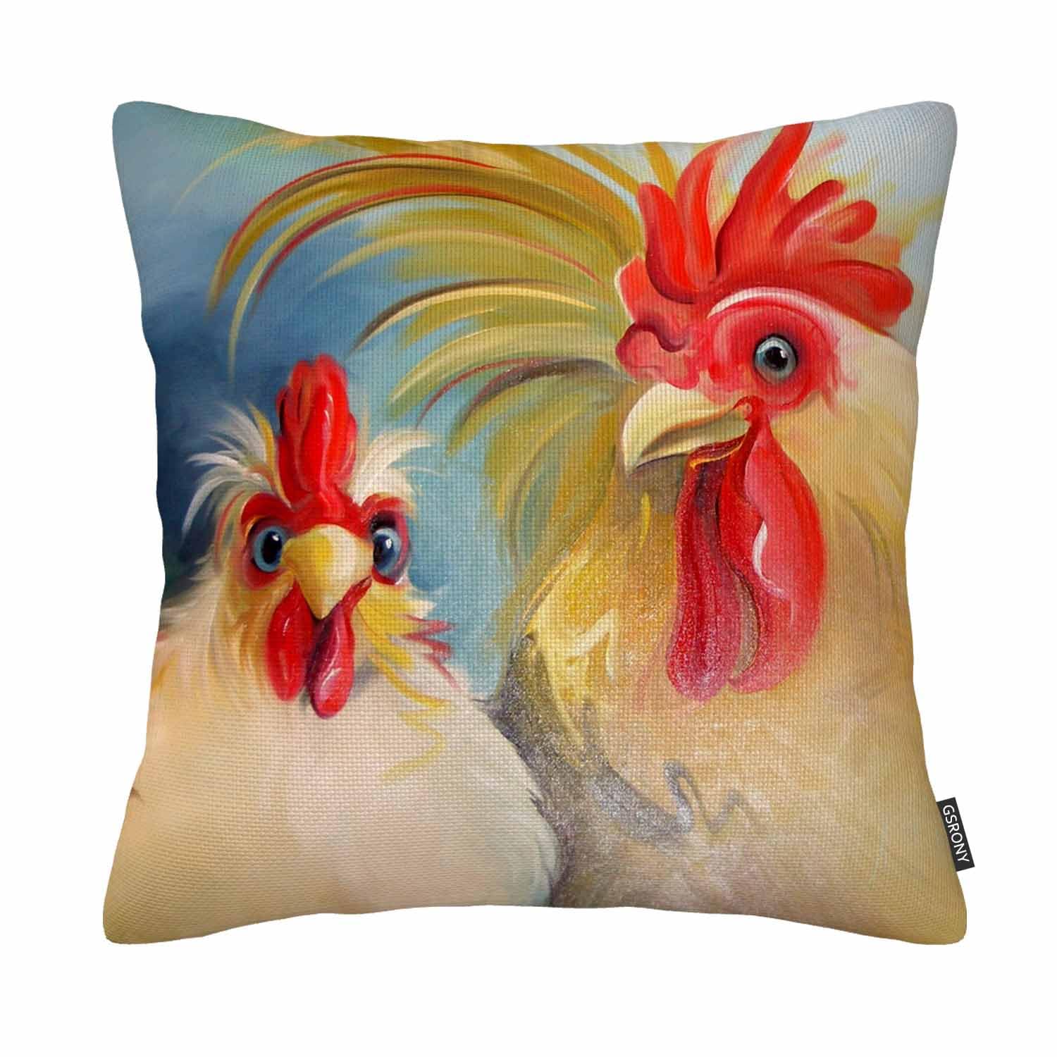GSRONY Rustic Farmhouse Animal Throw Pillow Covers,Watercolor Rooster Hen Cotton Linen Cushion Case 18x18 Inch for Kitchen Living Room Home Decor