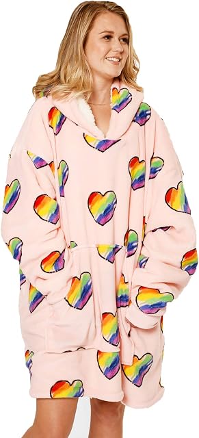 Dreamscene Rainbow Oversized Hoodie Sweatshirt Soft Sherpa Heart Fleece Throw Cosy Wearable Hooded Blanket Big Jumper - Blush Pink,One Size Fits All - Adults Kids Men Women