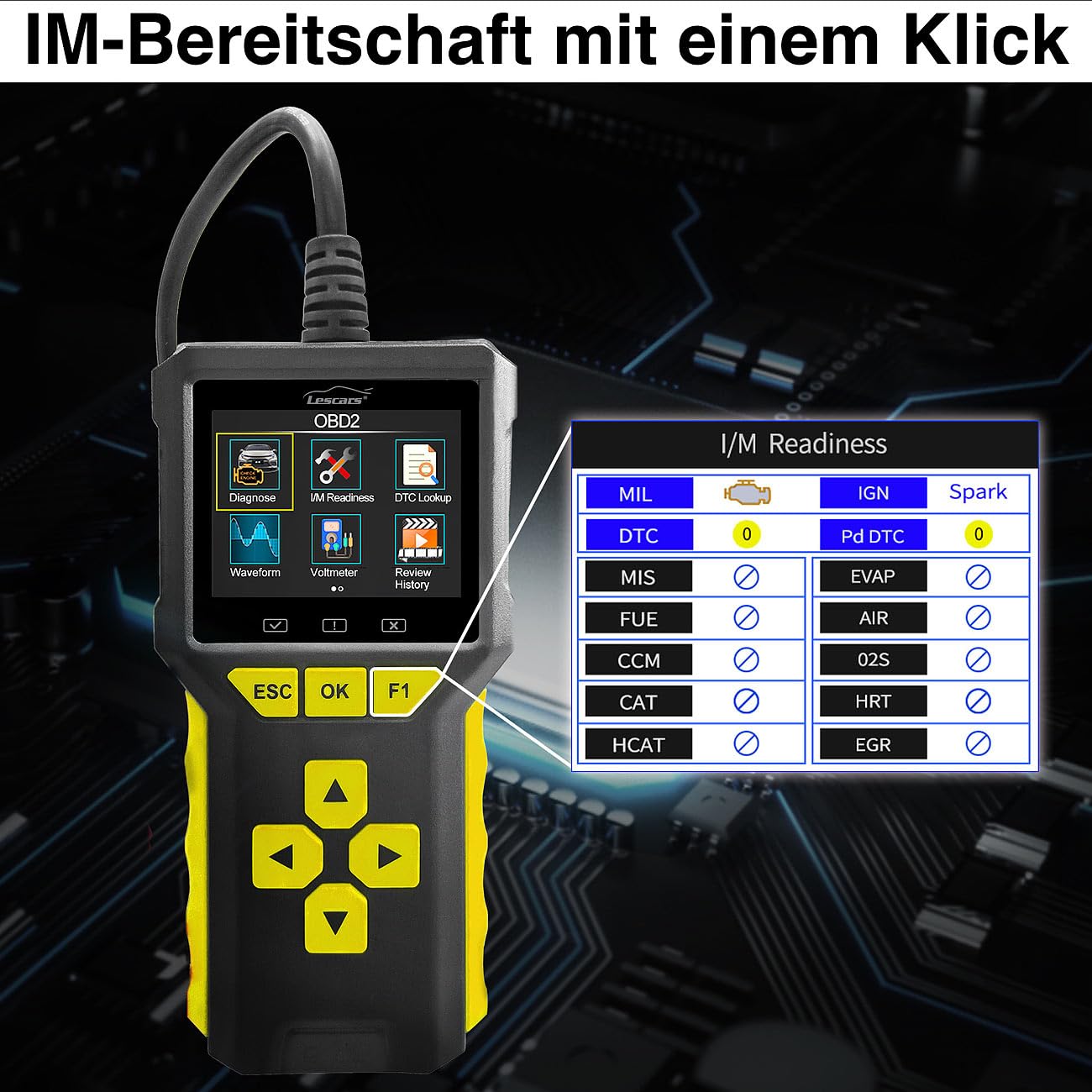 Lescars Diagnosegerät: Professioneller 2in1-OBD2-Scanner und Batterie-Tester, HD-Farbdisplay (OBD Diagnose, OBD2 Diagnosegerät, Auto)