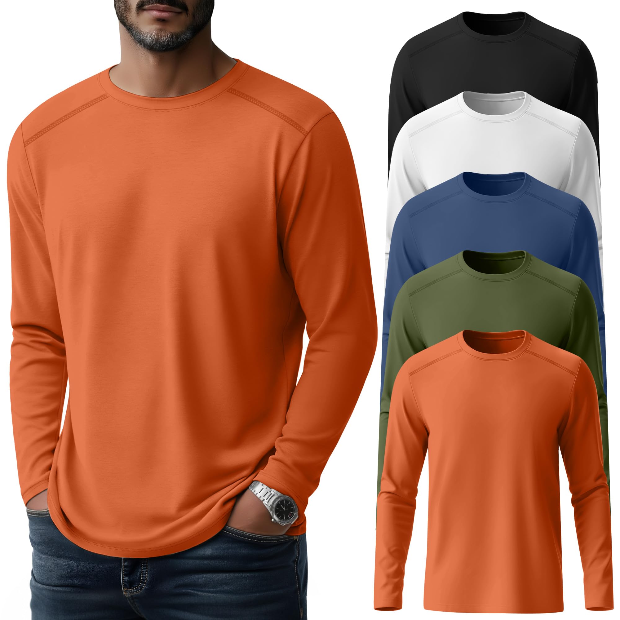 5 Pack Mens Big and Tall Shirts Long Sleeve Tees Solid Casual Basic Tops Soft Crew Neck T