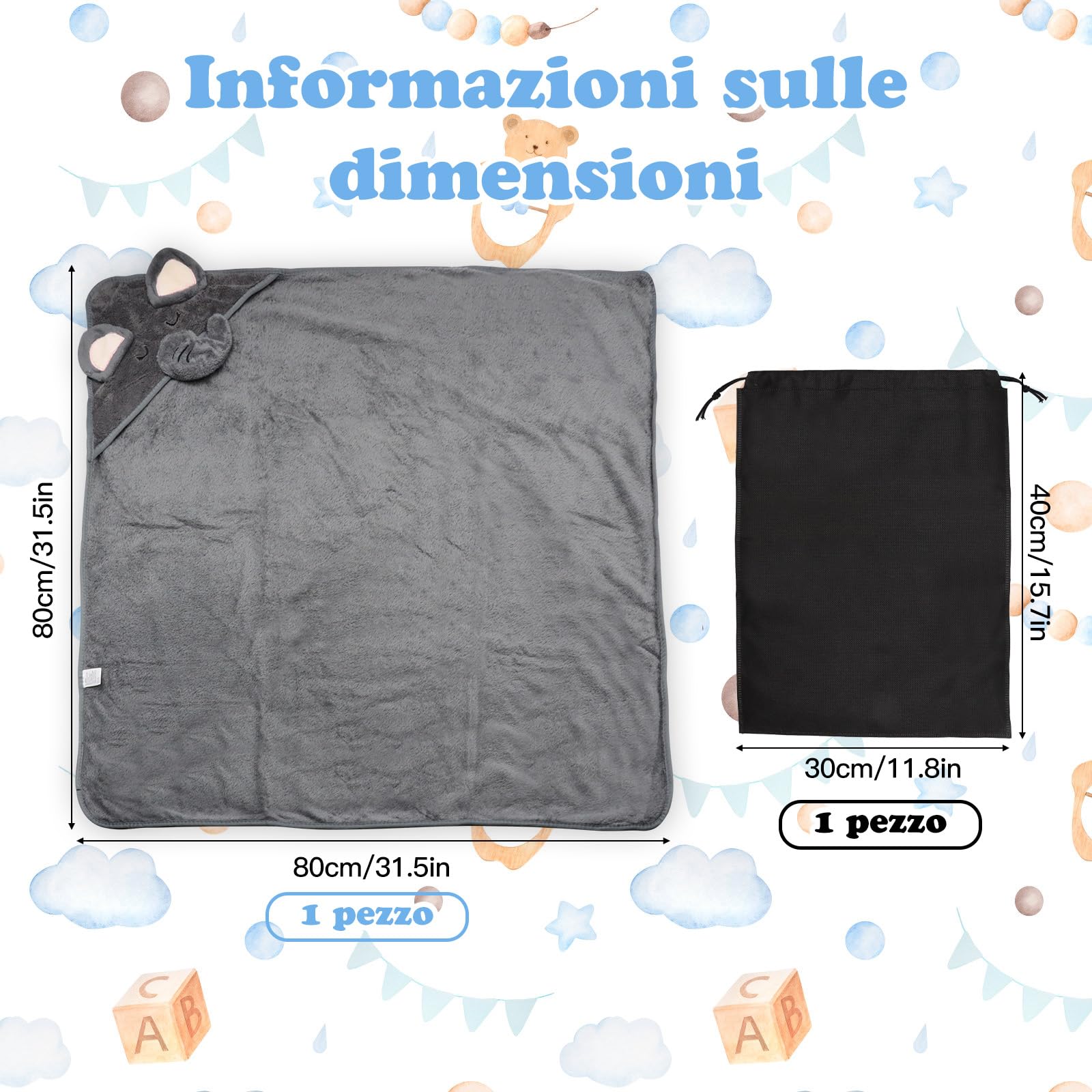 Accappatoio Neonato Elefante Grigio 0-3 Mesi + Borsa per Bucato, Asciugamano con Cappuccio Neonato Antistatico Asciugamano Neonato Bagnetto Morbido e Super Assorbente