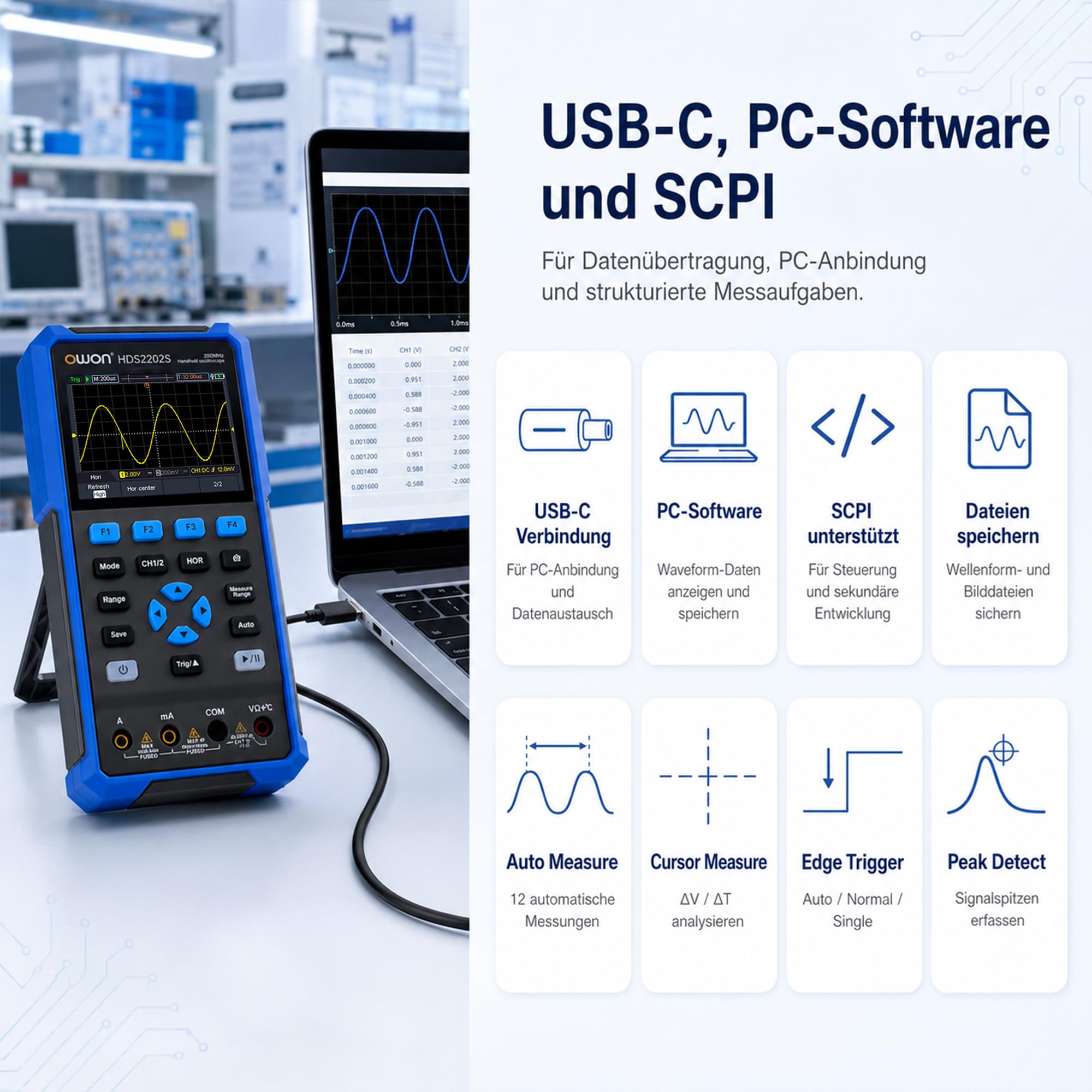HDS2202S OWON Oszilloskop 3 in 1 Handoszilloskop 200MHz Bandbreite 1GS/s Abtastrate + 4 1/2 Stellen Multimeter+ 25MHz Signalgenerator 3,5" LCD mit einstellbarer Helligkeit