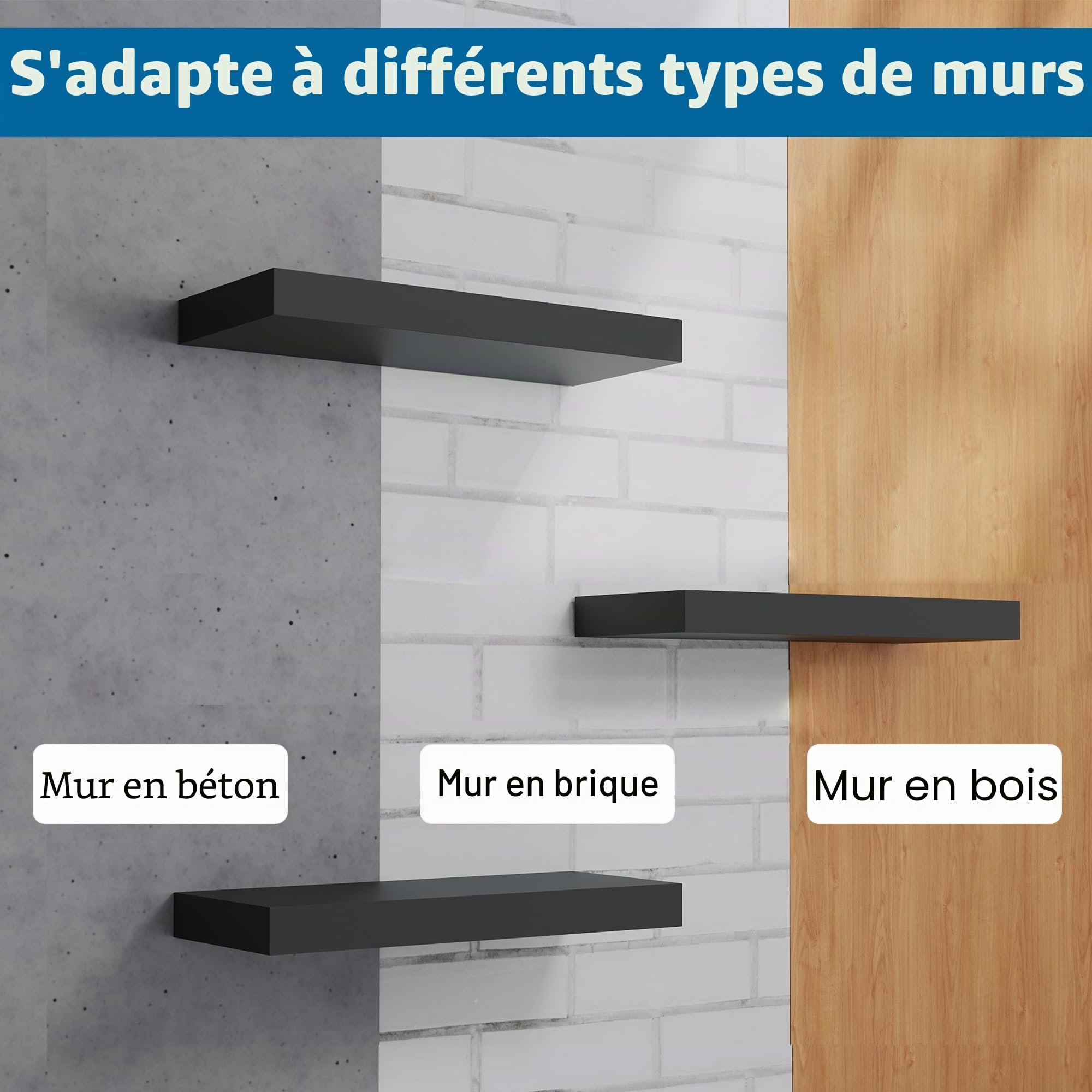 BONTEC Lot de 2 Étagères Murales Flottantes, Étagère Murale de 40 cm, Capacité de 10kg par Étagère, pour Salon, Cuisine, Salle de Bain, 40x16.5x3.7cm, Noir