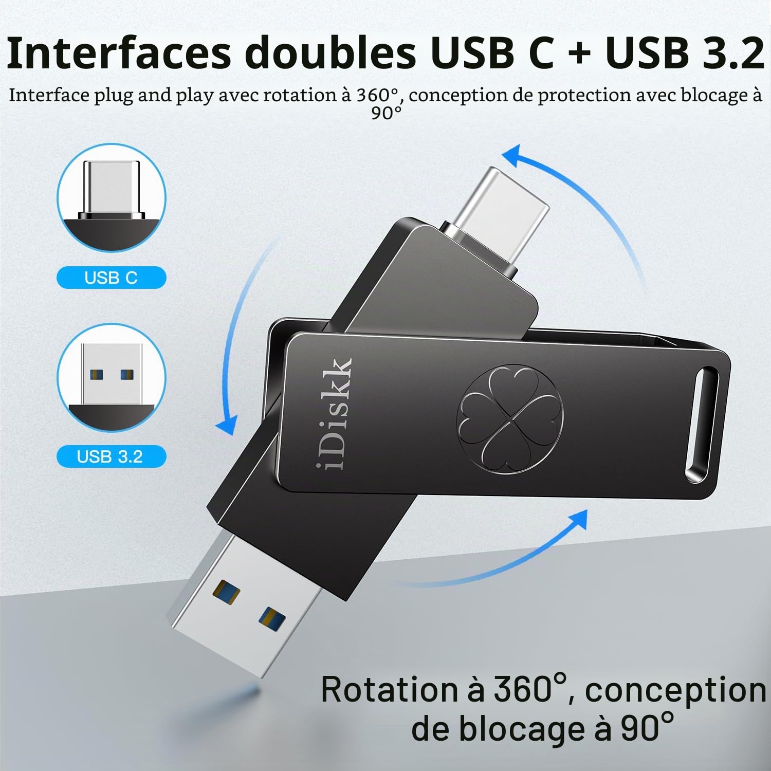 iDiskk Clé USB 3.2 USB-C SSD, 512 Go USB 3.2, 1 000 Mo/s, clé USB-C Gen2 pour iPhone série 15/ iPad/téléphones Android, Ordinateurs Portables/Mac et tablettes, Gris