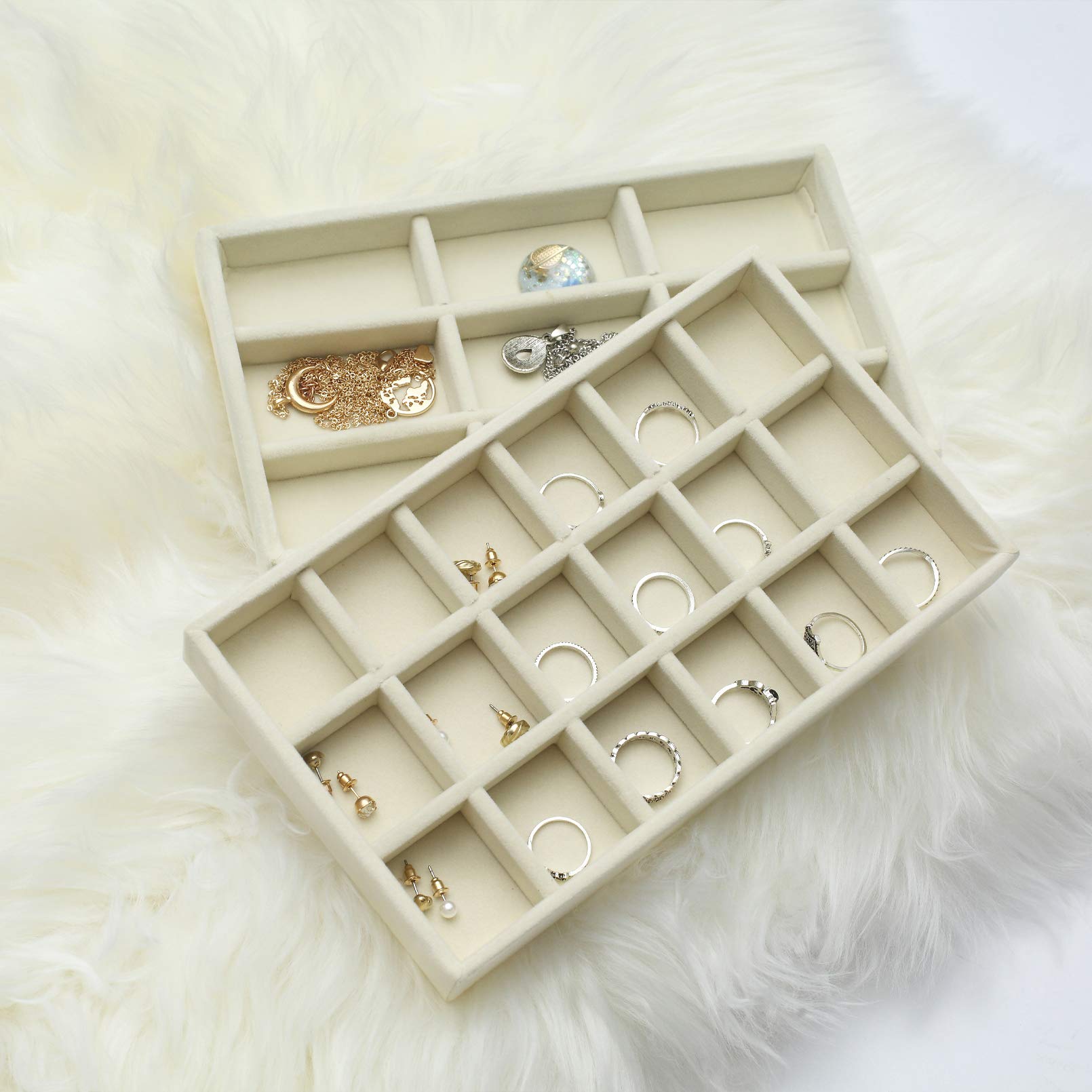 Lot De 12 Plateaux à Bijoux En Velours Beige Empilables - Rangement Colliers Boucles Oreilles