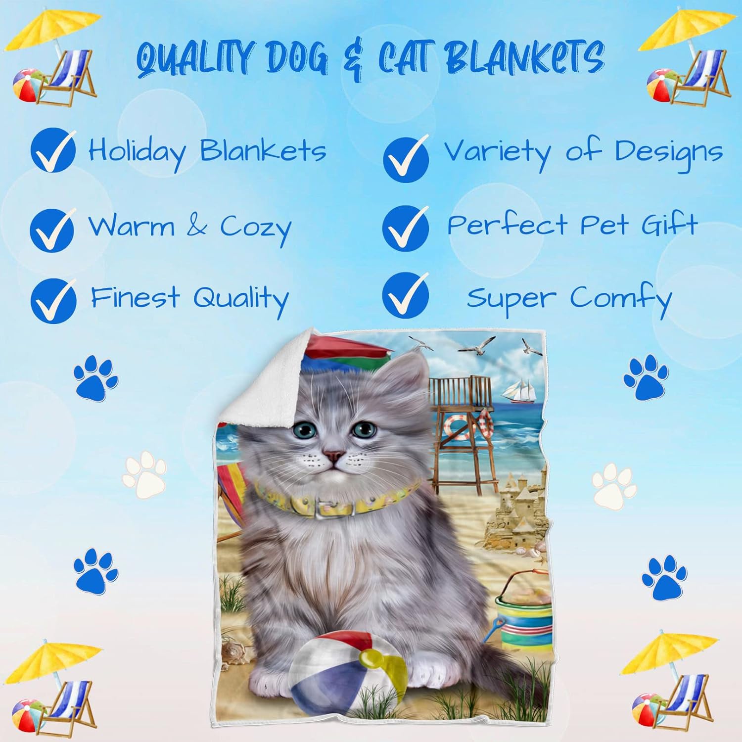 Pet Friendly Beach Siberian Cat Blanket - Lightweight Super Soft Cozy and Durable Bed Blanket - Animal Theme Fuzzy Blanket for Sofa Bed Couch BLNKT56866 (30x40 Fleece)