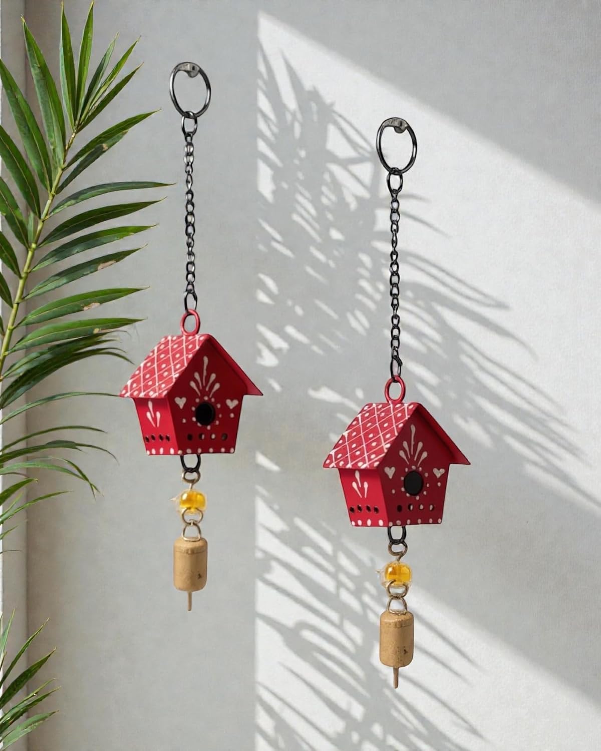 2 Pc Hut Wall Hanging Decor | Garden Tree Hanging Bells Decoration | Handpainted Hanging Ornaments for Home Living Room Wind Chime (Red)