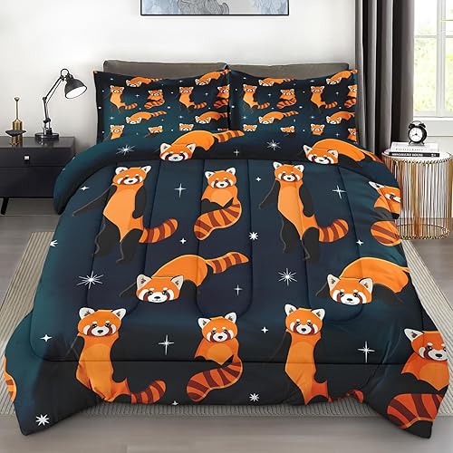 Juego de edredón tamaño matrimonial, lindo juego de ropa de cama suave con panda rojo para niños y adultos, divertido juego de edredón azul Kawaii