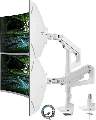 ARES WING Support Double Écran PC pour Moniteurs 17-49 Pouces, Support d'écran PC réglable en Hauteur avec Câble d'extension USB, Pivot et Rotation, Charge Maximale 20kg,VESA 75/100 mm,Blanc