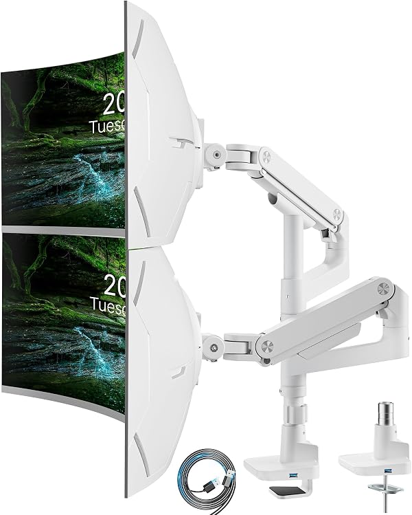ARES WING Support Double Écran PC pour Moniteurs 17-49 Pouces, Support d'écran PC réglable en Hauteur avec Câble d'extension USB, Pivot et Rotation, Charge Maximale 20kg,VESA 75/100 mm,Blanc