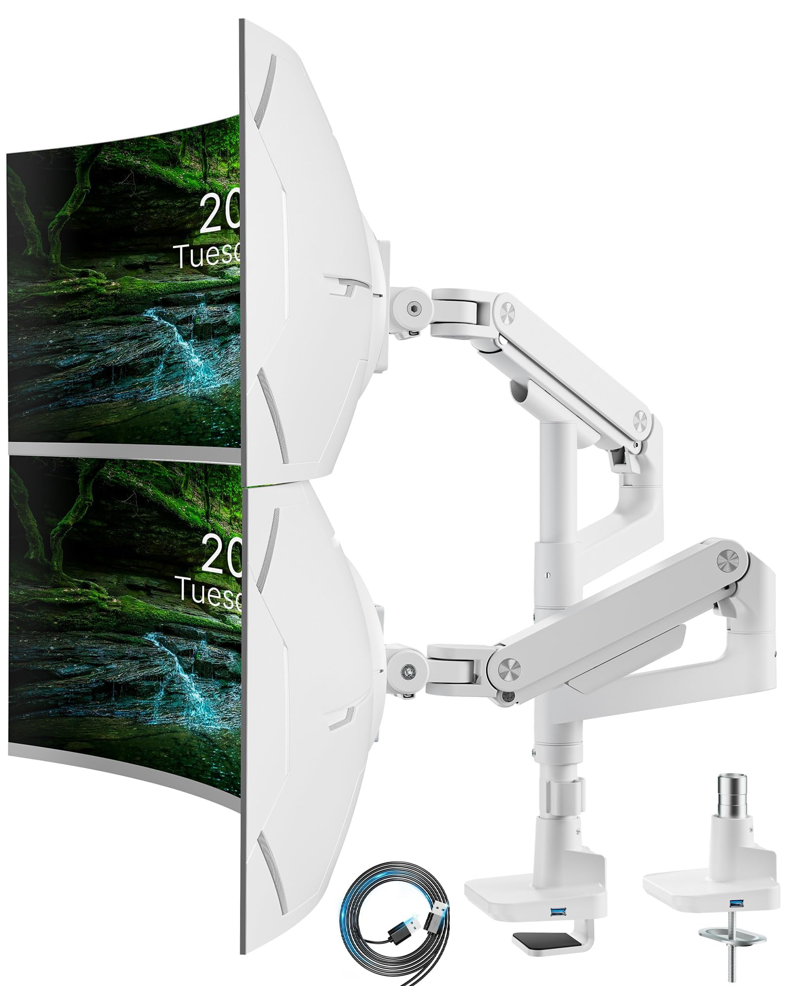 ARES WING Braccio Monitor Doppio per Schermi 17-49 pollici, con porte USB A/C, Regolazione Dell'altezza con Inclinazione e Girevole Supporto per Braccio, Capacità di Carico da 2-20 kg, VESA 75/100