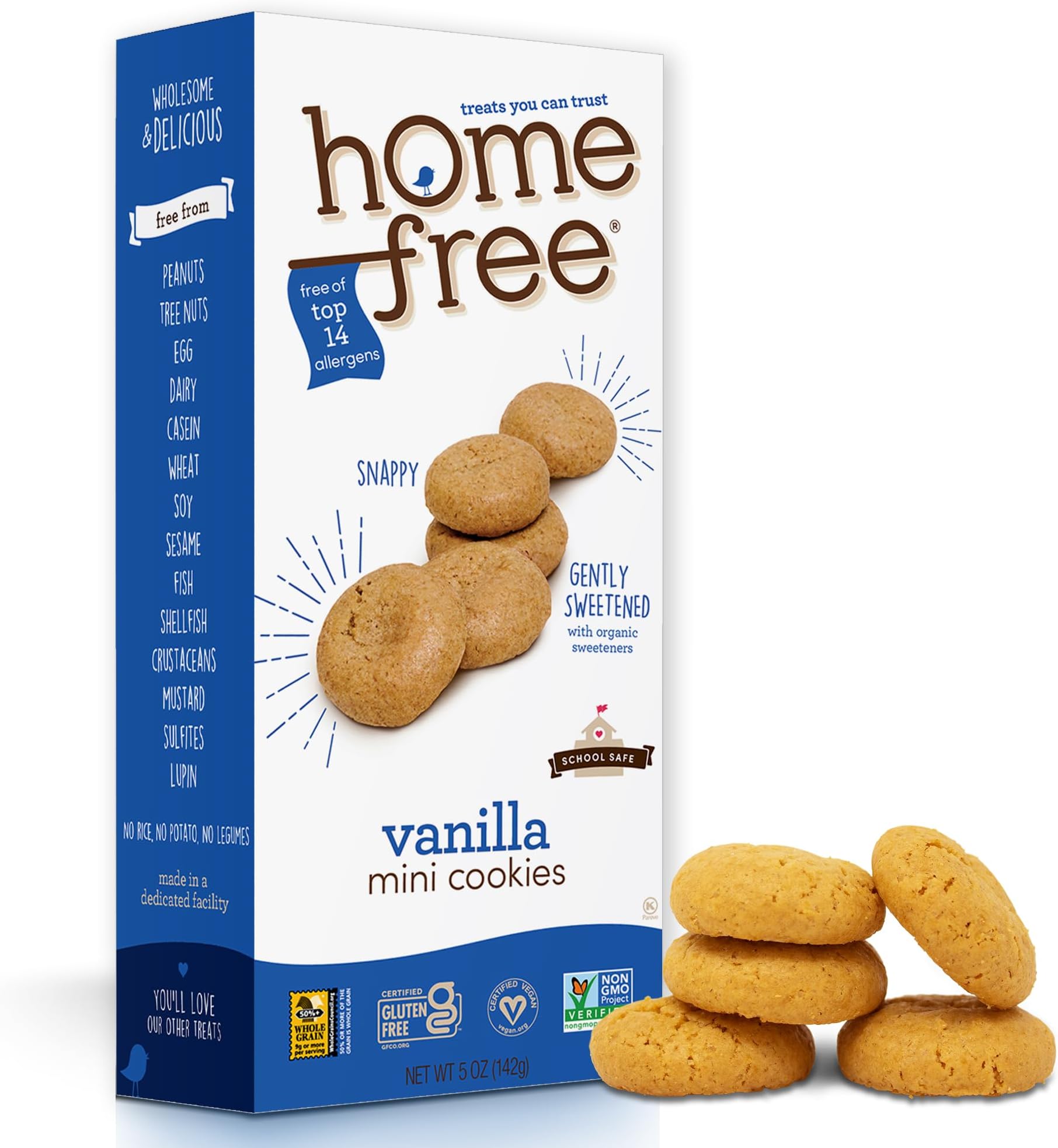 Homefree Mini Vanilla Cookies, Gluten Free, Nut Free, Vegan, School Safe and Allergy Friendly Snack, 5 oz. Box (Pack of 1)
