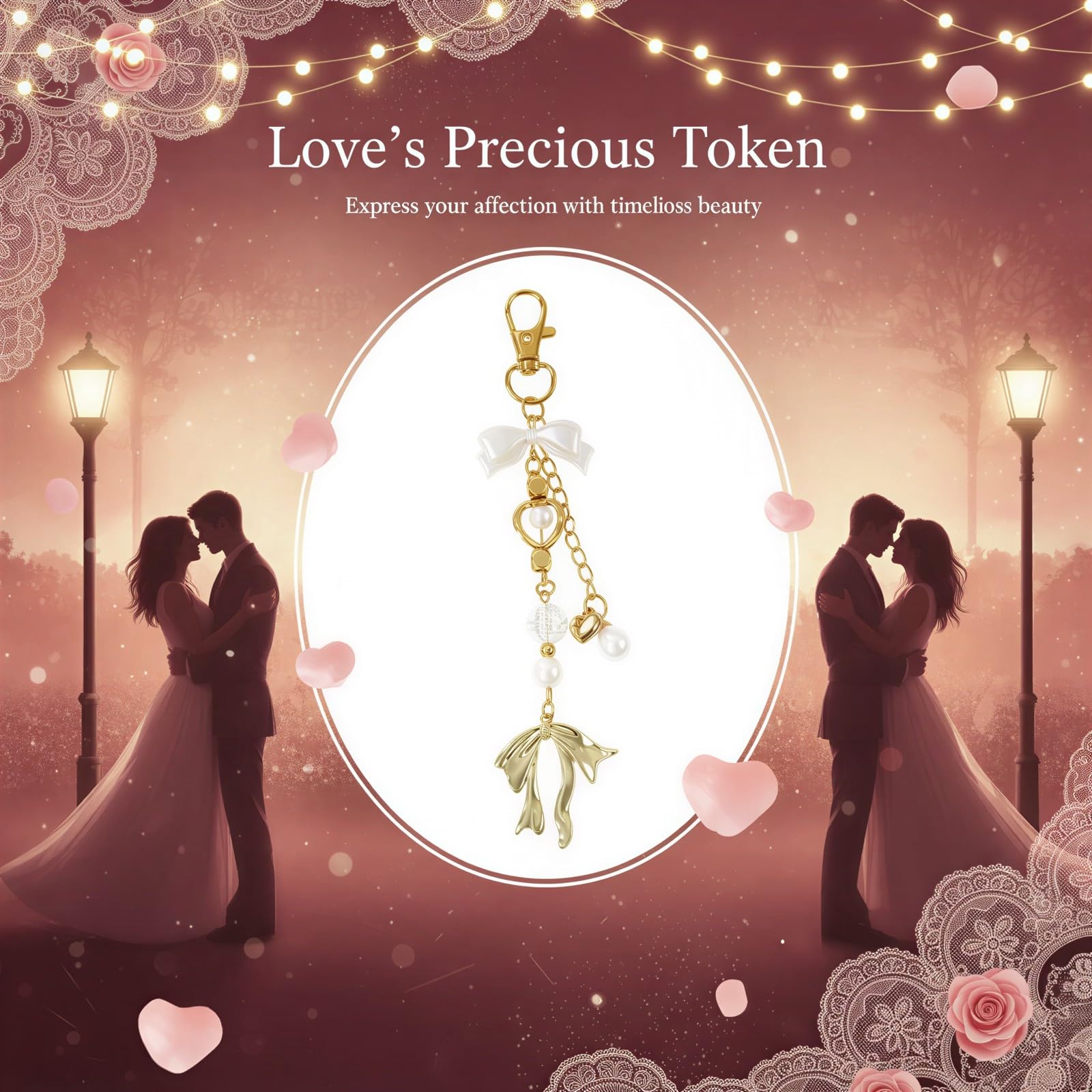 6 Stk. Goldene Perlen-Schleifen-Schlüsselanhänger-Set, 14,3 cm Metall-Charm-Zubehör mit Stahlring, Organzasäckchen, 9,5 x 4,5 cm Kraftanhänger, Gastgeschenke für Hochzeit, Valentinstag, Brautparty