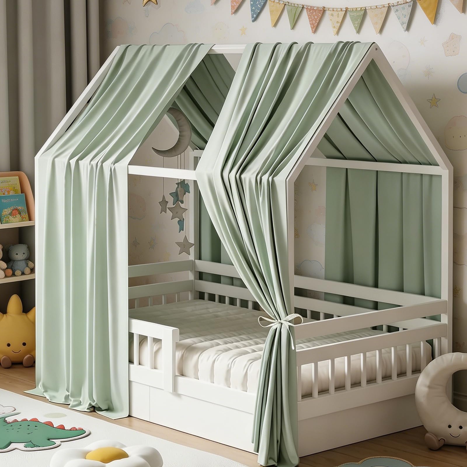 Dosel de cama de casa con dosel, 2 piezas de muselina, dosel suave y transpirable, decoración para habitación infantil, cielo de ensueño para habitación infantil, niñas y niños (verde claro
