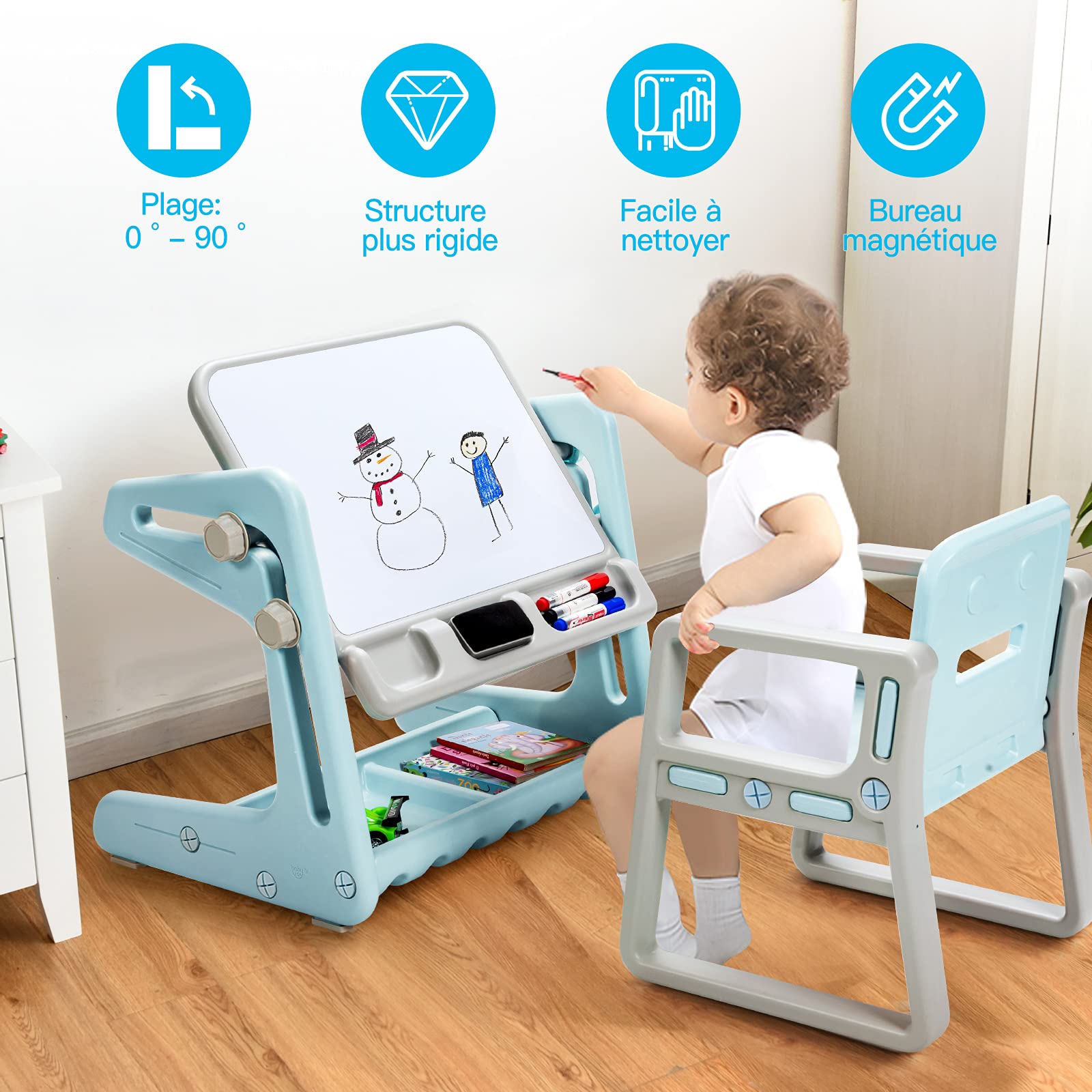 Table et Chaise à Dessin pour Enfant Inclinable avec Tableau Magnétique Table et Chaise à Dessin pour Enfant Inclinable avec Tableau Magnétique