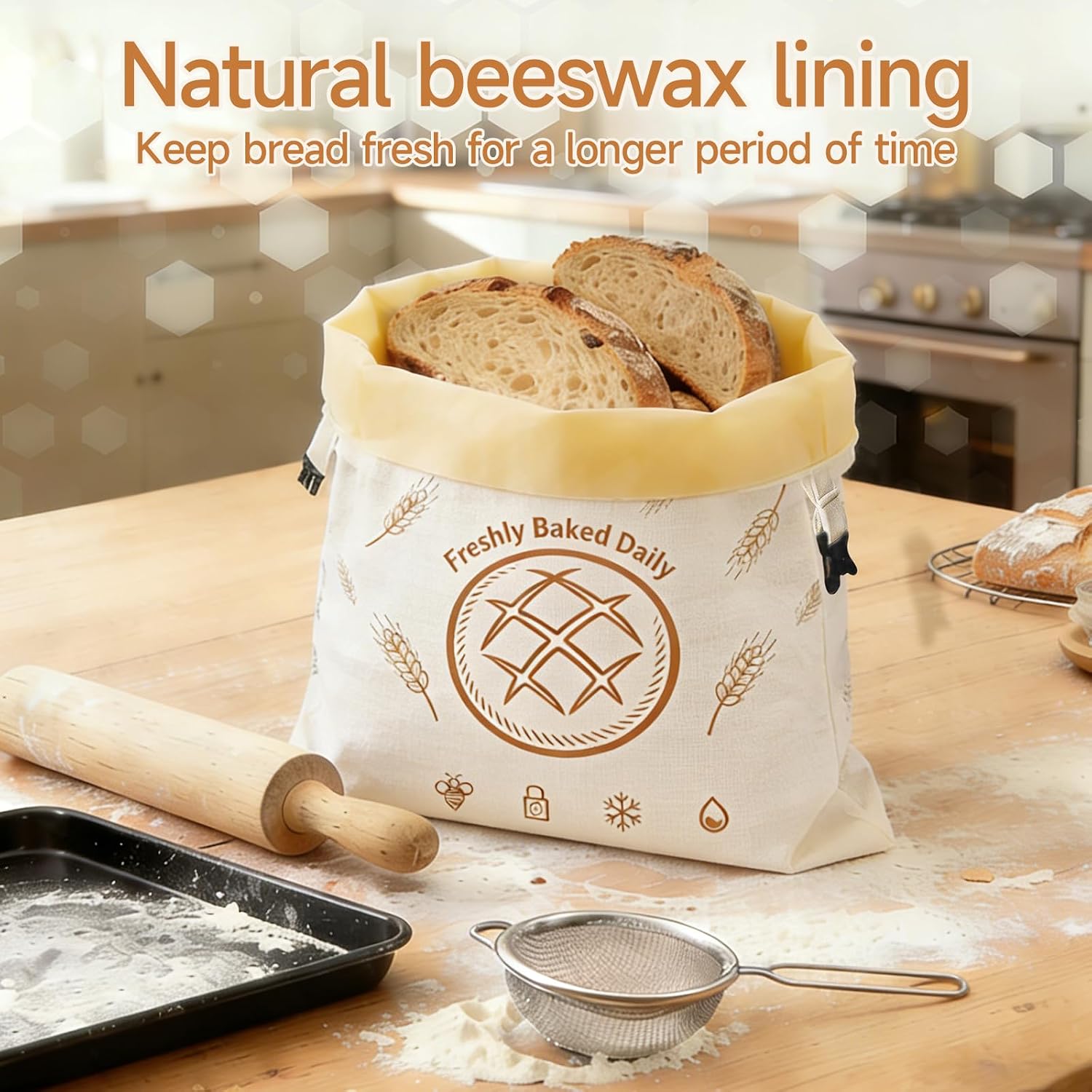2 Pack Beeswax Bread Bags for Sourdough, Reusable 13"×17" Cotton Linen Bread Bags for Homemade Bread, Natural Beeswax Lining Keeps Sourdough Fresh, Eco Friendly Bread Storage for Bakery, Home