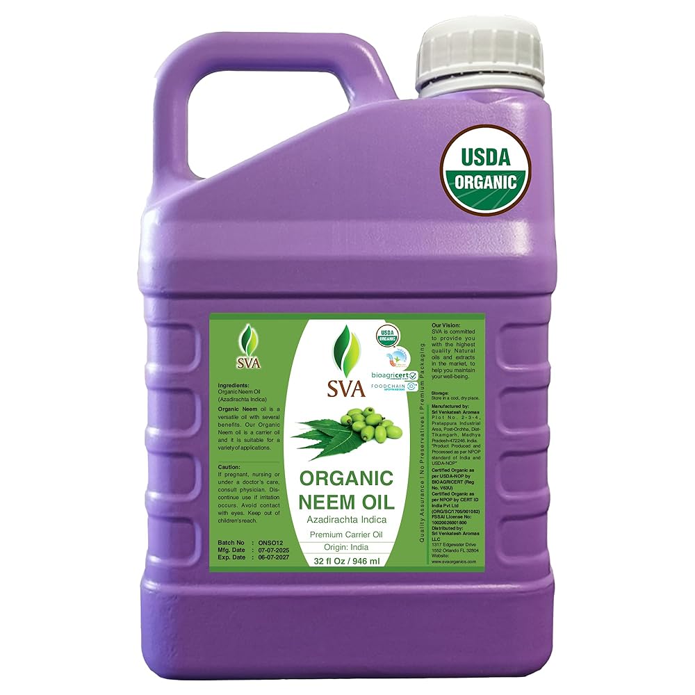 SVA Neem Seed Oil Organic - 32 Fl Oz - 100% Natural Cold Pressed Organic Neem Oil - for Face, Skin Care, Hair Care, Scalp Massage & Body Massage - Carrier Oil with Dropper