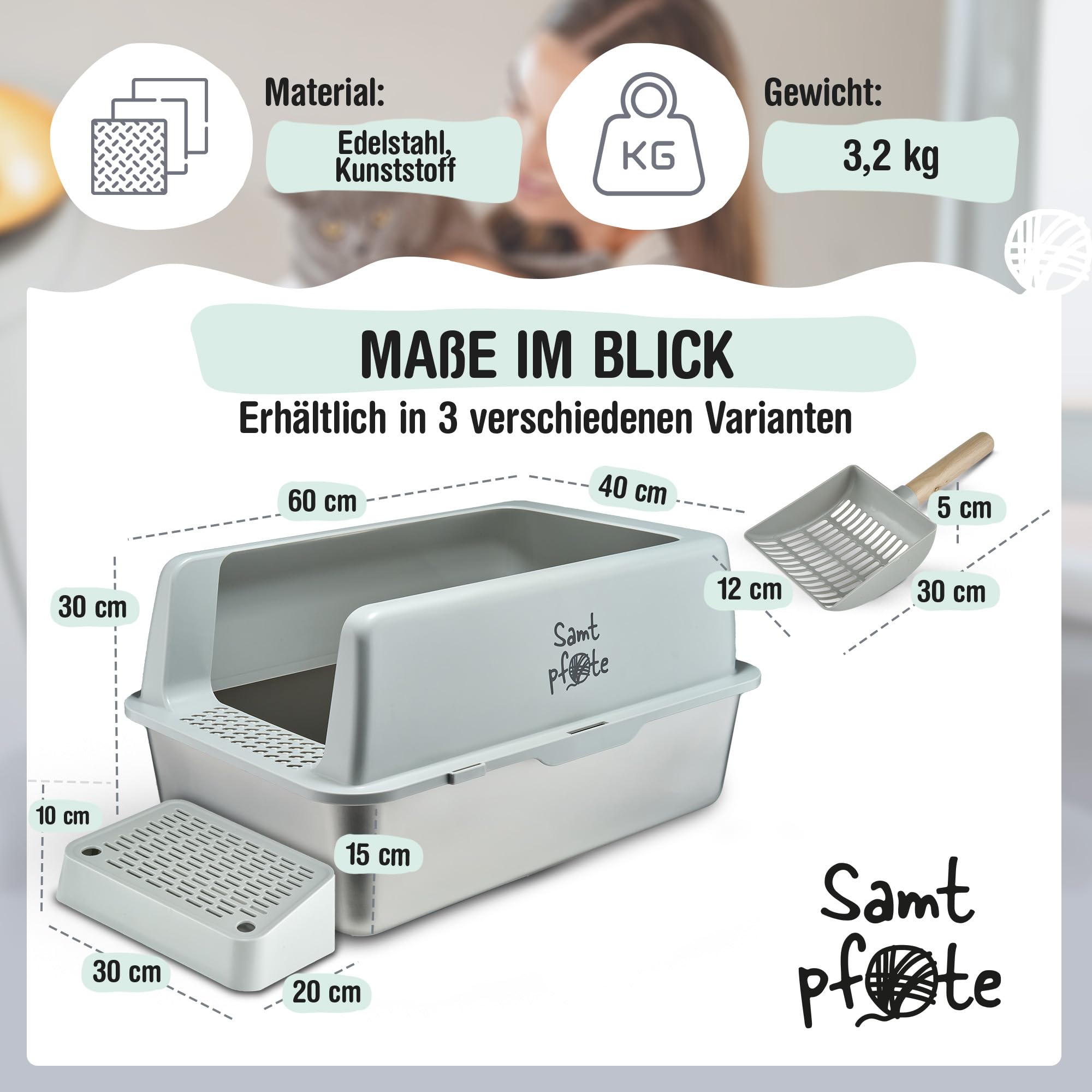 Samtpfote® Vista- Offenes Katzenklo aus Edelstahl - XL Katzentoilette mit Spritzschutz - Fronteinstieg -Auslaufsicher - Antibakteriell - Hygienisch - Leichte Reinigung - 60 x 40 x 30 cm Cat Litter Box